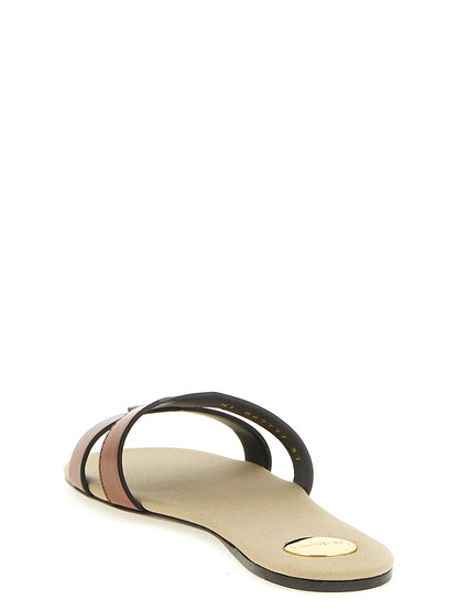 Sliders Sandals Flat Shoes by Saint Laurent for women in calfskin leather brown showcases a dynamic silhouette, artfully capturing Women's Calfskin Leather Sliders Sandals Flat Shoes through its distinctive and elegant .