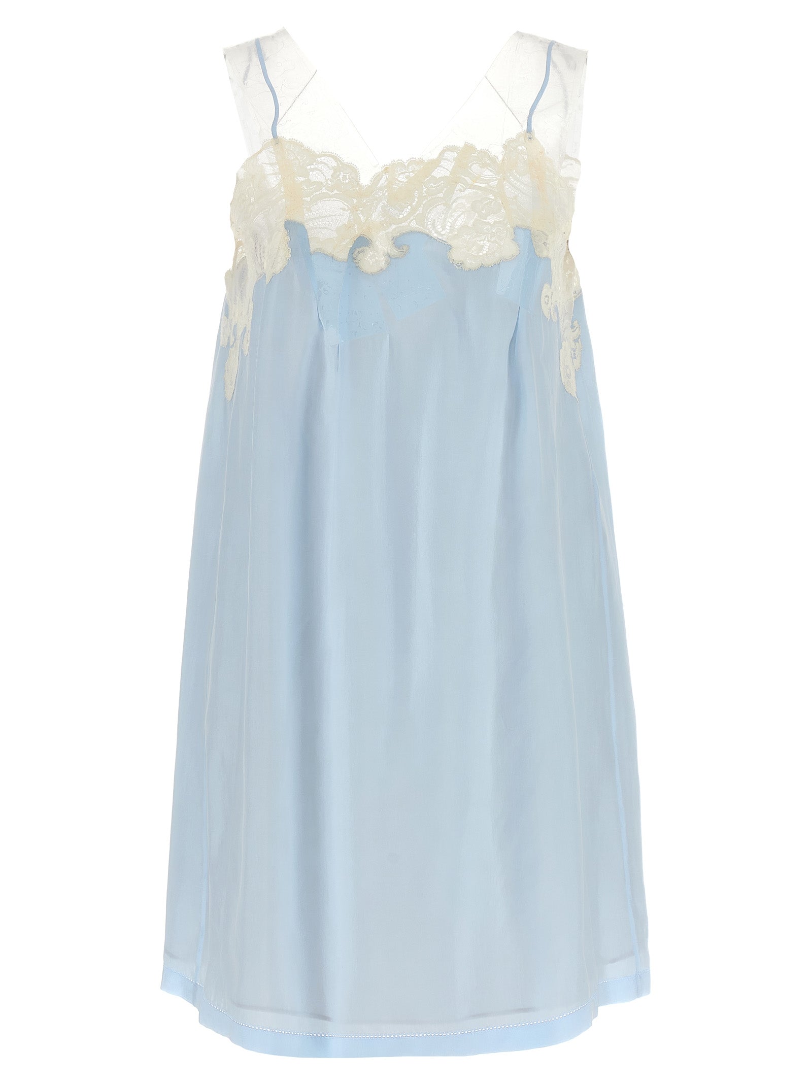 Dress by Maison Margiela for women in cupro & copper copper, light-blue, transparent & signature presents a sinuous silhouette, showcasing a sophisticated v-neck neckline and sleeveless detailed with a sinuous short mini for a refined finish.