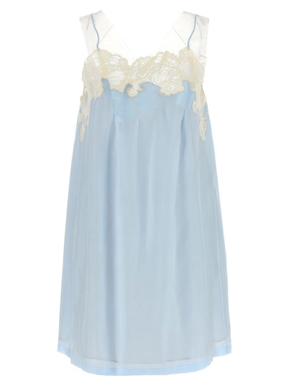 Dress by Maison Margiela for women in cupro & copper copper, light-blue, transparent & signature presents a sinuous silhouette, showcasing a sophisticated v-neck neckline and sleeveless detailed with a sinuous short mini for a refined finish.