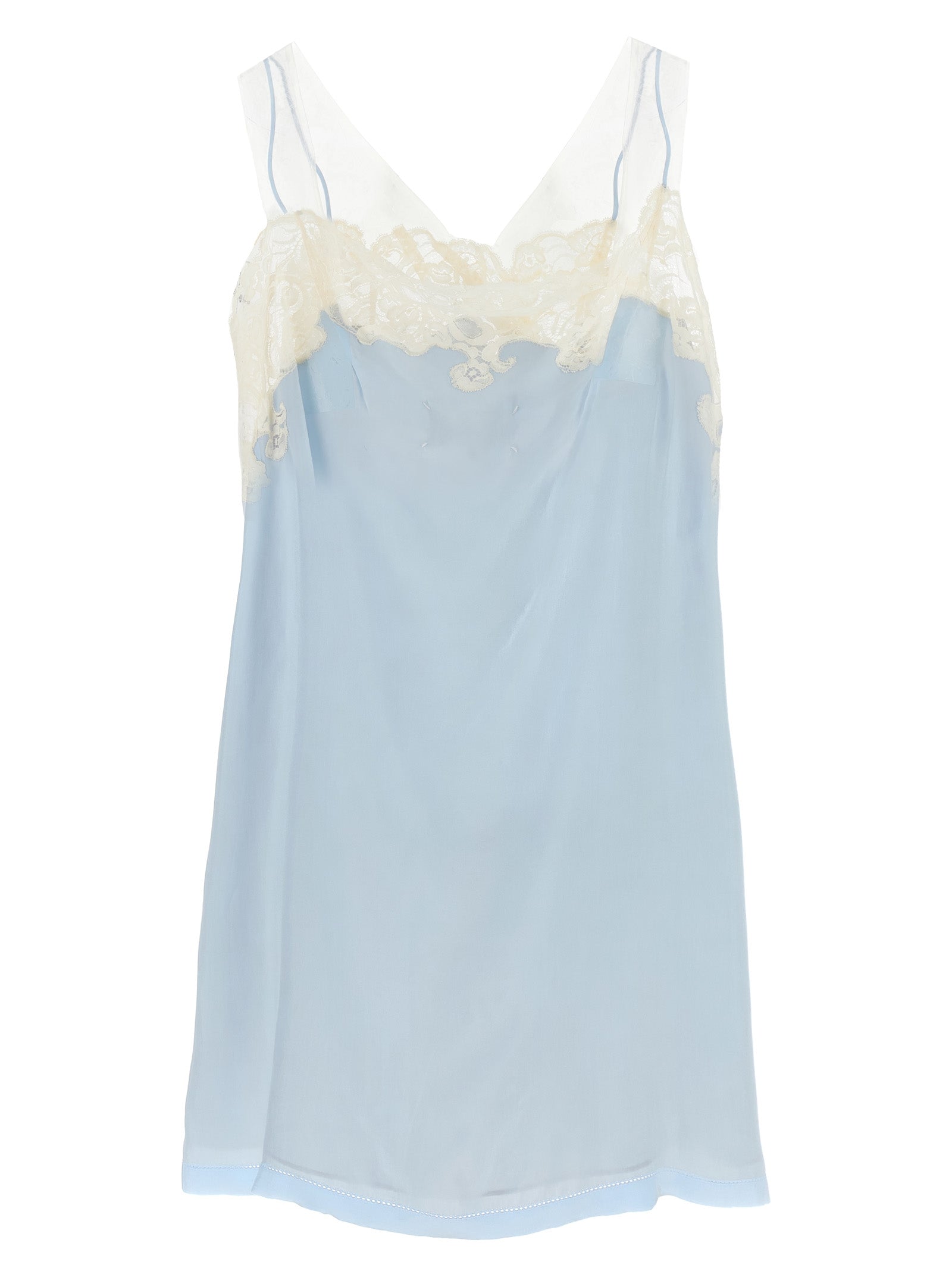 Dress by Maison Margiela for women in cupro & copper copper, light-blue, transparent & signature features an eye catching silhouette with a sophisticated v-neck neckline, elegant , and a refined short mini for a eye catching aesthetic.
