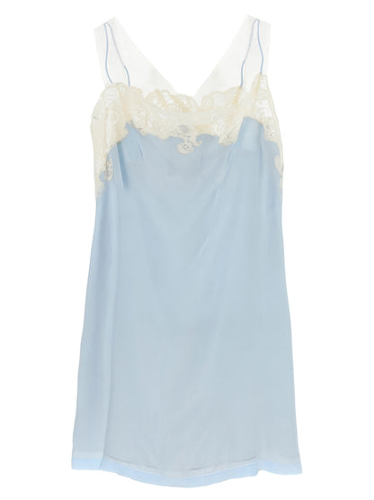 Dress by Maison Margiela for women in cupro & copper copper, light-blue, transparent & signature features an eye catching silhouette with a sophisticated v-neck neckline, elegant , and a refined short mini for a eye catching aesthetic.
