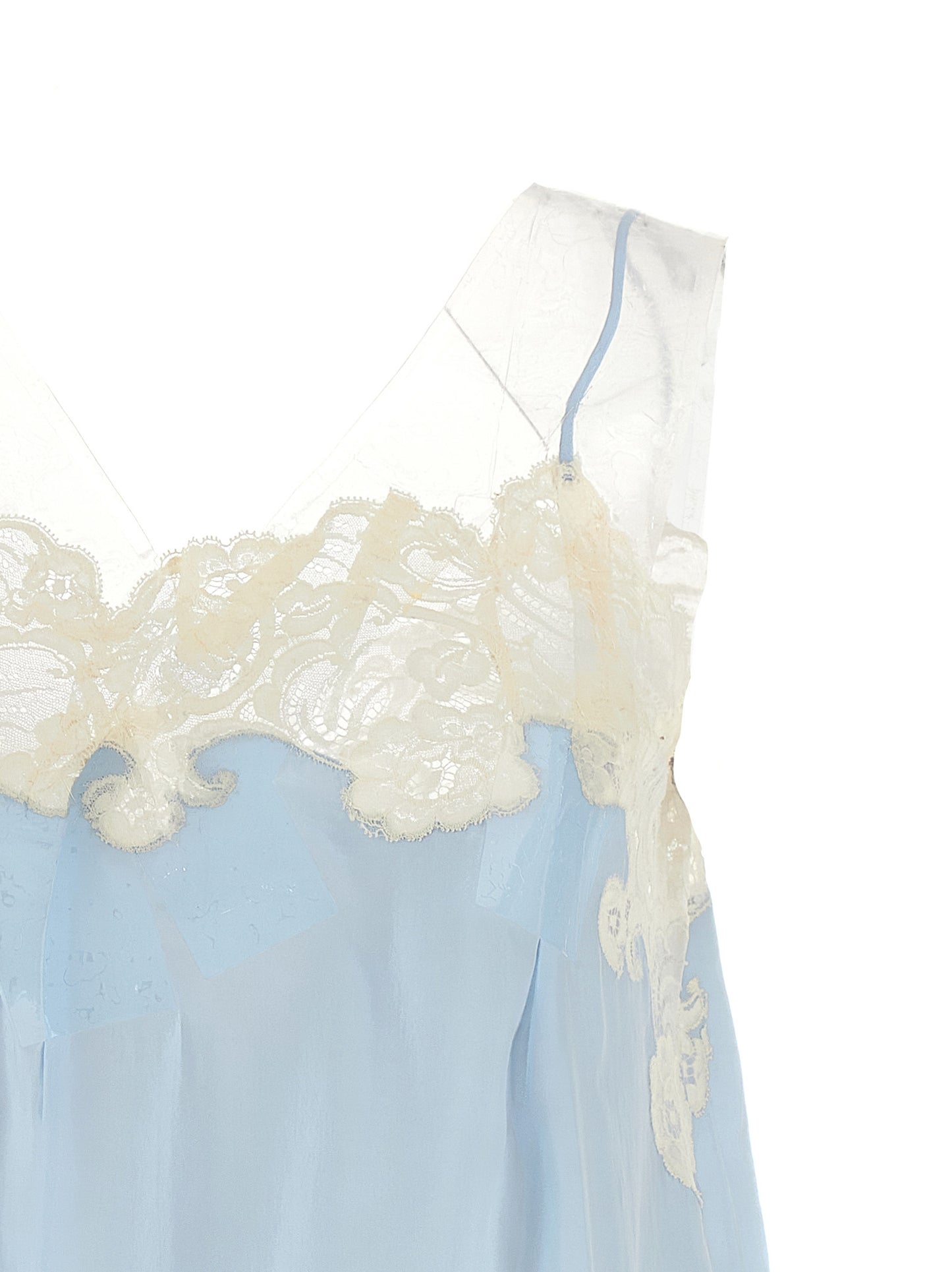 Dress by Maison Margiela for women in cupro & copper copper, light-blue, transparent & signature presents a sinuous silhouette, showcasing a sophisticated v-neck neckline and detailed with a sinuous short mini for a refined finish.