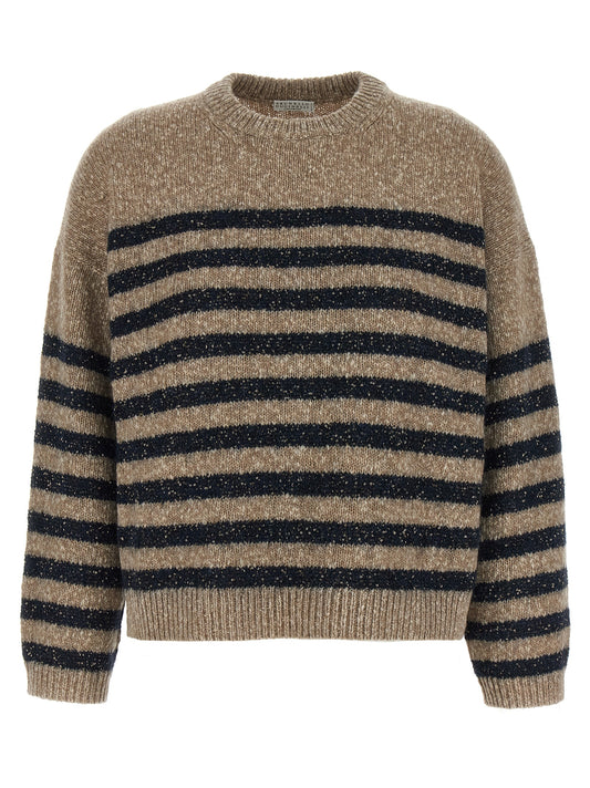 Cardigan by Brunello Cucinelli for women in cashmere wool & sequins multicolor & striped features a nuanced silhouette with a refined crew neckline and nuanced detailing for a sophisticated look.