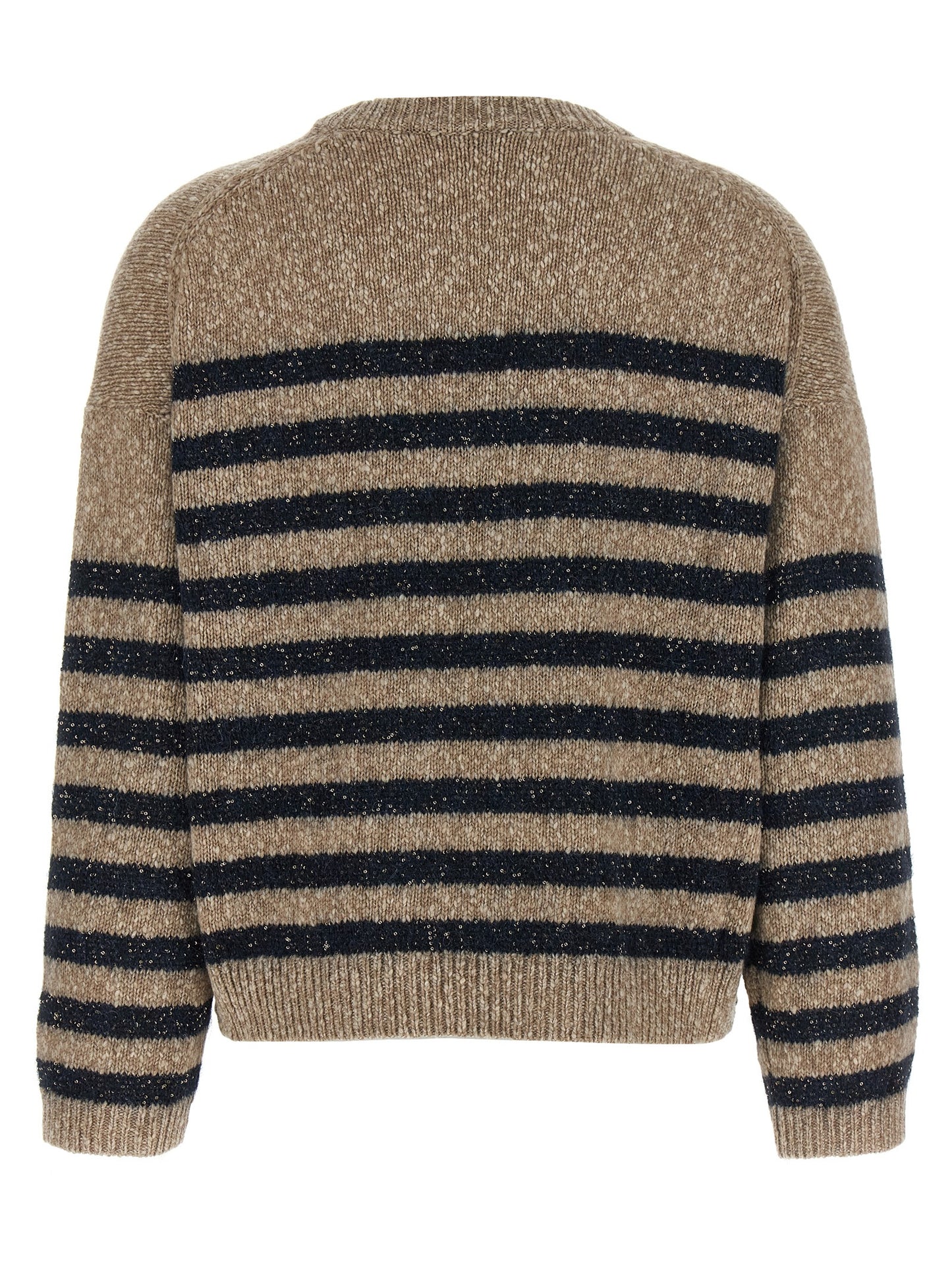 Cardigan by Brunello Cucinelli for women in cashmere wool & sequins multicolor & striped showcases a luxurious silhouette, meticulously detailed with a sophisticated crew neckline and for a refined finish.