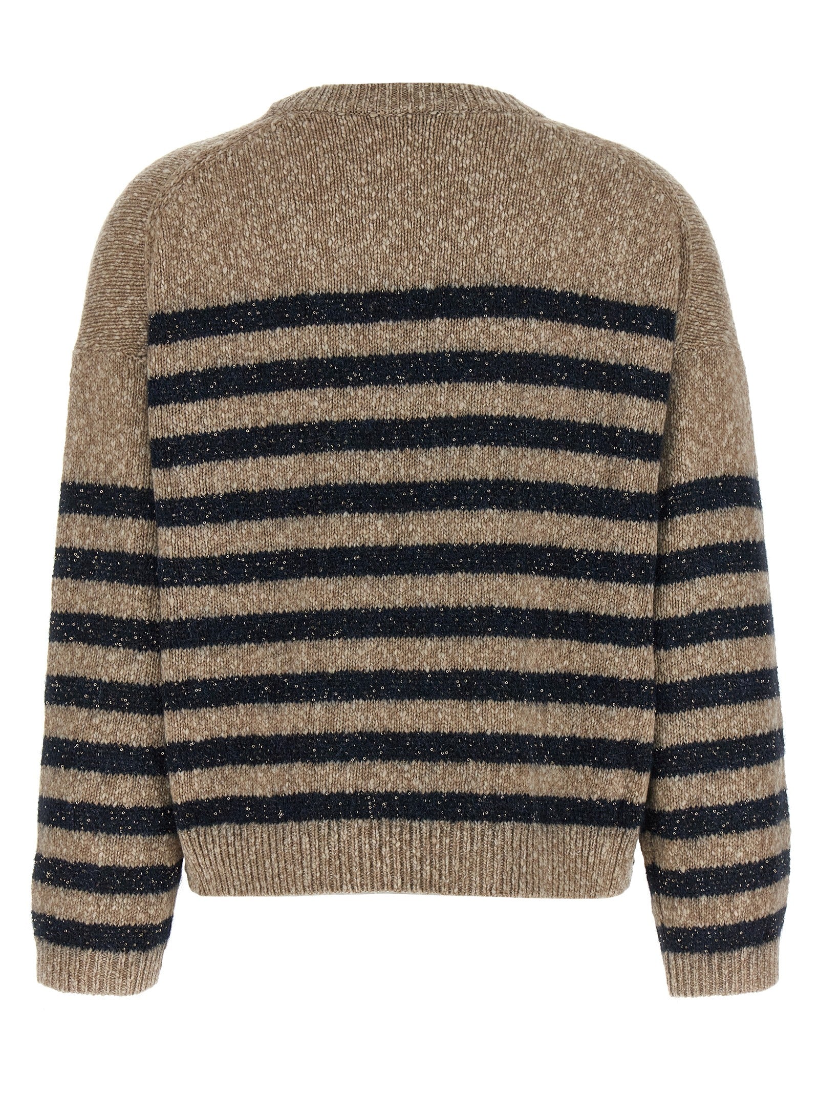 Cardigan by Brunello Cucinelli for women in cashmere wool & sequins multicolor & striped showcases a luxurious silhouette, meticulously detailed with a sophisticated crew neckline and for a refined finish.