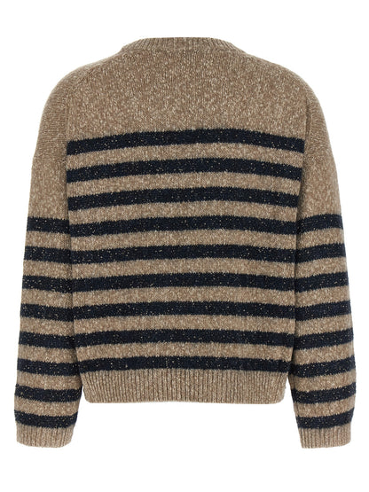 Cardigan by Brunello Cucinelli for women in cashmere wool & sequins multicolor & striped showcases a luxurious silhouette, meticulously detailed with a sophisticated crew neckline and for a refined finish.