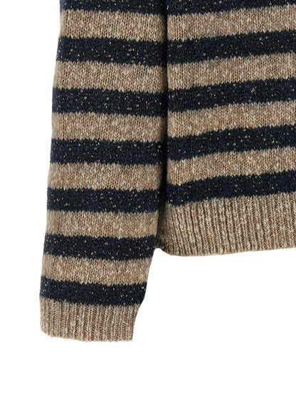 Cardigan by Brunello Cucinelli for women in cashmere wool & sequins multicolor & striped showcases a captivating silhouette, artfully detailed with a captivating and for a truly sophisticated captivating look.
