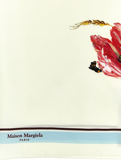 Scarf by Maison Margiela for women in silk white, floral, signature & print presents a cosy silhouette, artfully capturing the sophisticated design and premium aesthetic of the Four Stitches Silk Scarf.