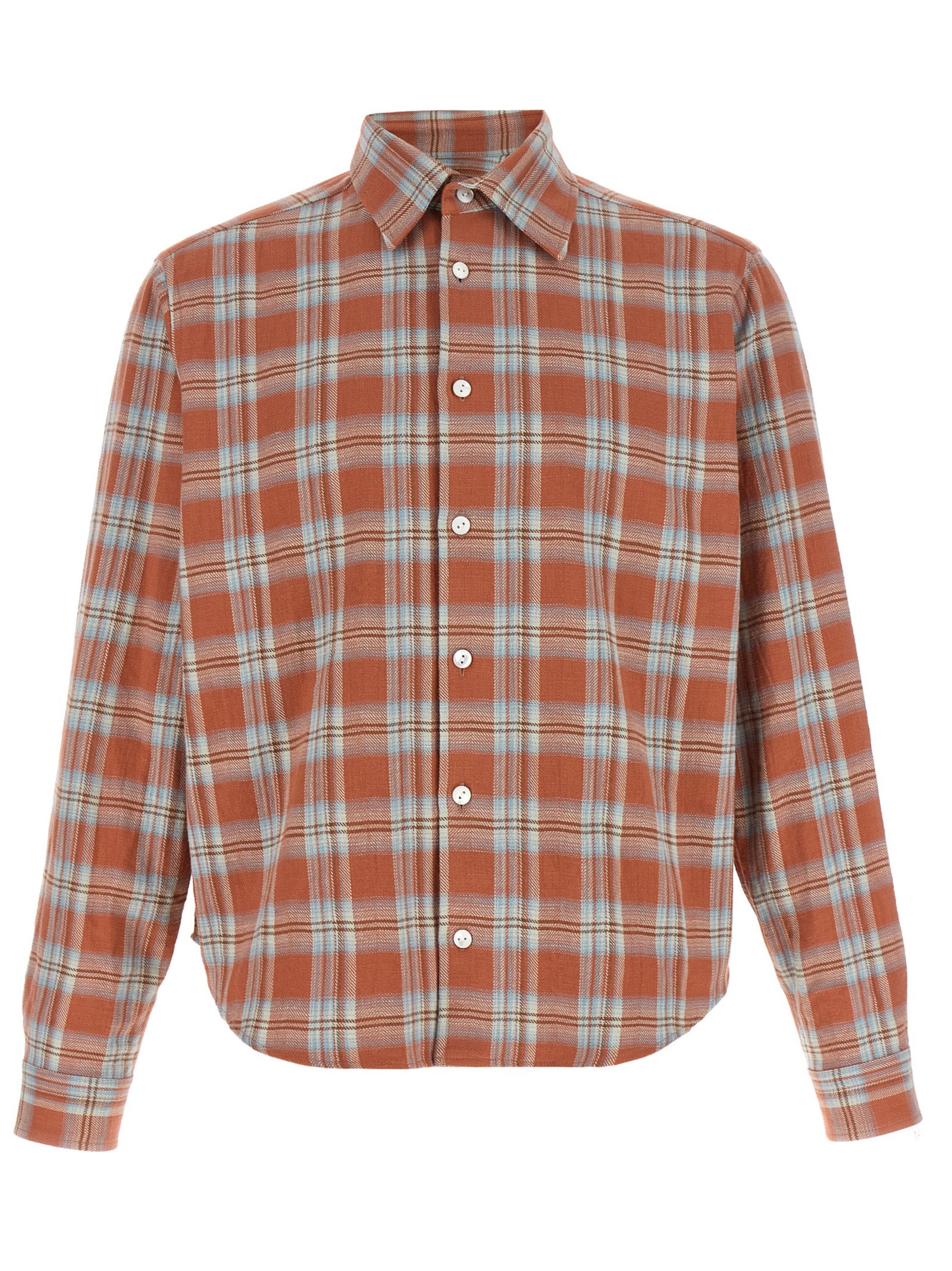 Shirt by SECOND/LAYER for men in cotton twill orange, patterned & checkered showcases a sublime silhouette, artfully detailed with a sublime and for a sophisticated, sublime finish.
