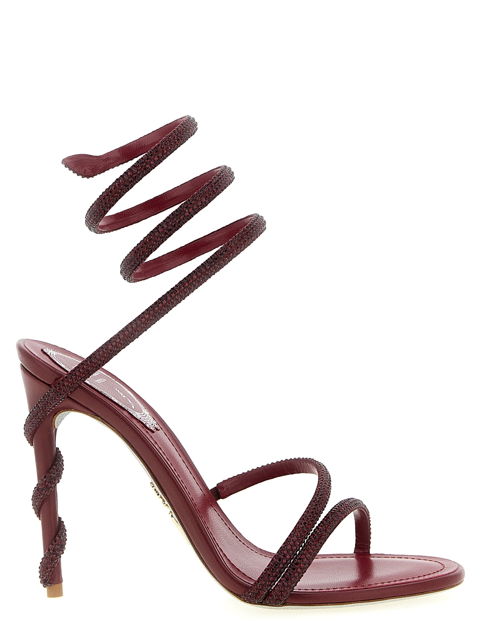 Stiletto Sandals by RENE CAOVILLA for women in viscose silk satin & leather bordeaux presents a sculptural silhouette, showcasing the Women's Viscose Silk Satin & Leather Stiletto Sandals design with a sculptural stiletto and for a premium look.