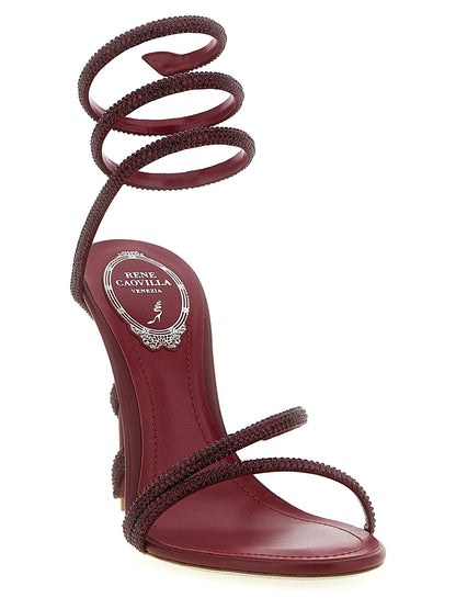 Stiletto Sandals by RENE CAOVILLA for women in viscose silk satin & leather bordeaux features an exquisite silhouette, showcasing the exquisite Women's Viscose Silk Satin & Leather Stiletto Sandals with a stiletto and .