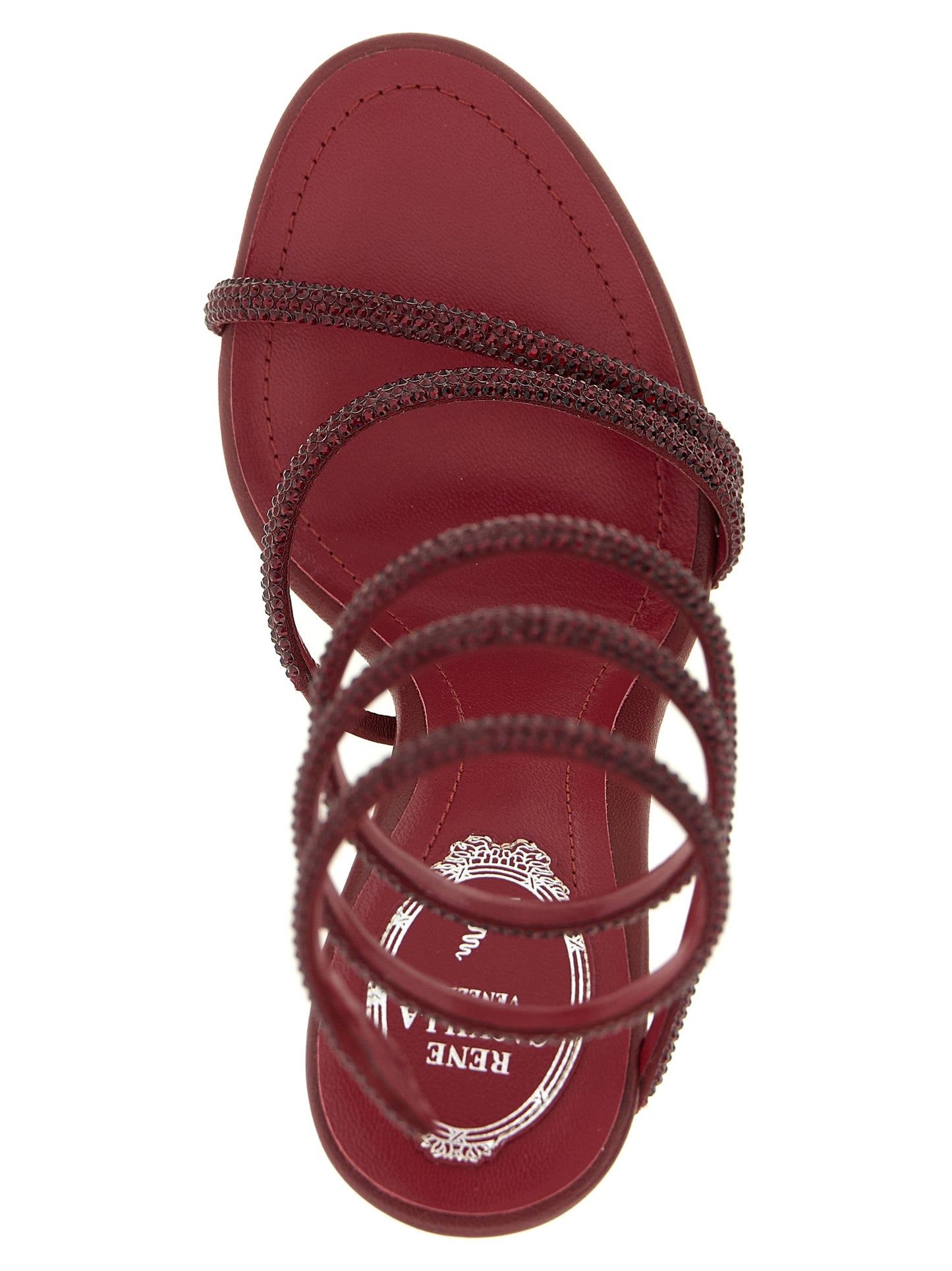 Stiletto Sandals by RENE CAOVILLA for women in viscose silk satin & leather bordeaux features an effortlessly chic silhouette from the Women's Viscose Silk Satin & Leather Stiletto Sandals collection, showcasing a effortlessly chic stiletto and elegant .