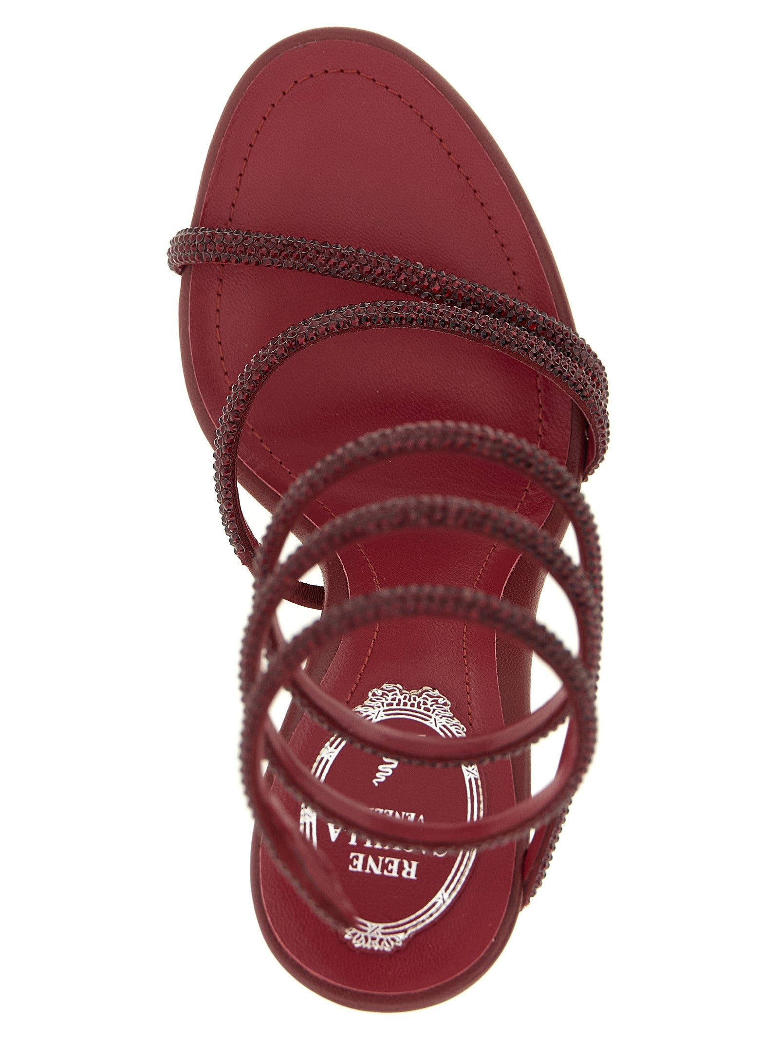 Stiletto Sandals by RENE CAOVILLA for women in viscose silk satin & leather bordeaux features an effortlessly chic silhouette from the Women's Viscose Silk Satin & Leather Stiletto Sandals collection, showcasing a effortlessly chic stiletto and elegant .