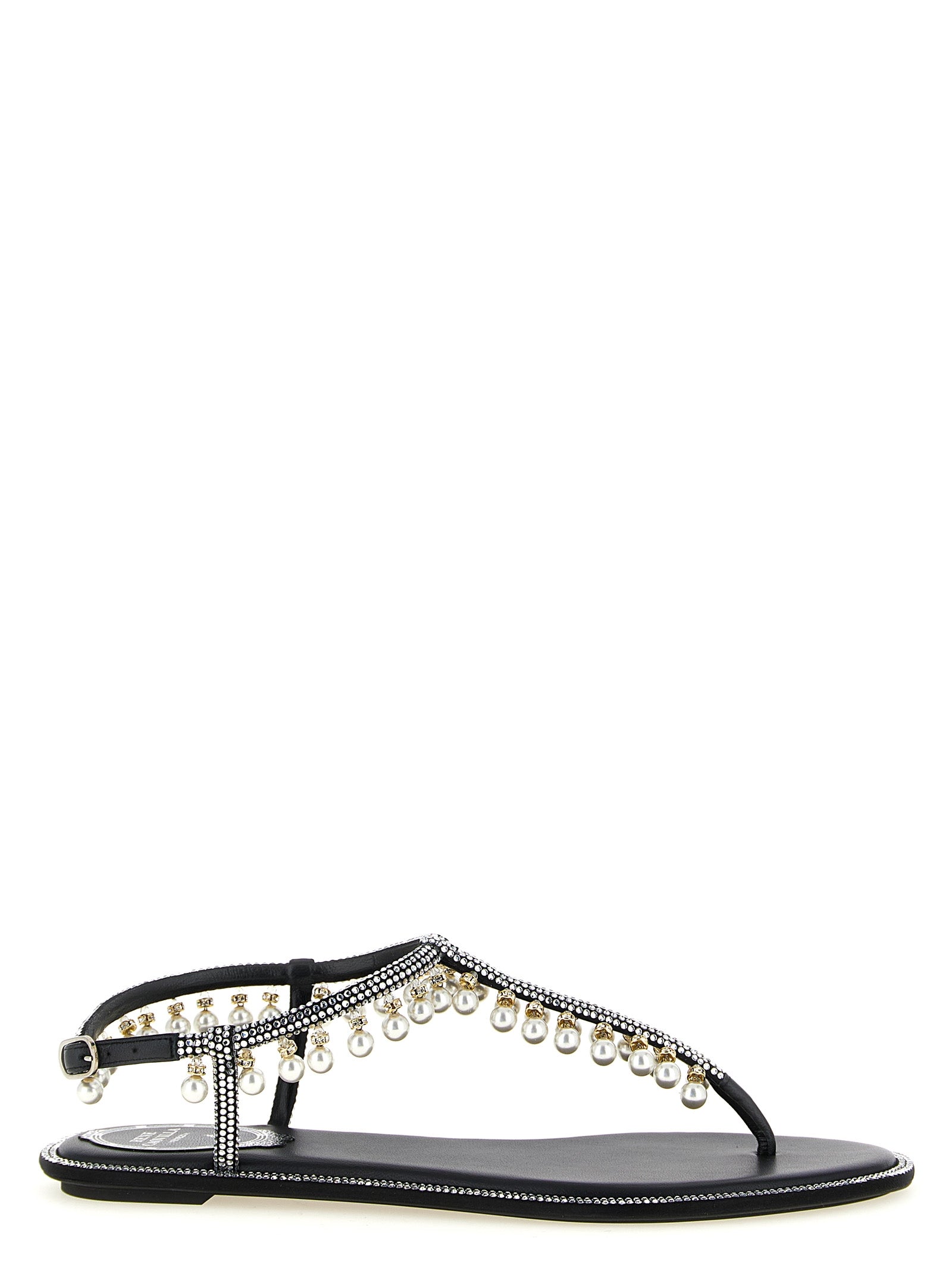 Flat Sandals by RENE CAOVILLA for women in viscose silk leather & crystal bicolour, black & white showcases a sculptural silhouette as Women's Viscose Silk Leather & Crystal Flat Sandals, defined by a sculptural flat and sculptural for a sculptural look.