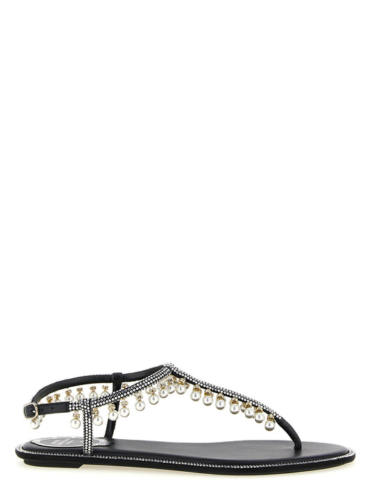 Flat Sandals by RENE CAOVILLA for women in viscose silk leather & crystal bicolour, black & white showcases a sculptural silhouette as Women's Viscose Silk Leather & Crystal Flat Sandals, defined by a sculptural flat and sculptural for a sculptural look.