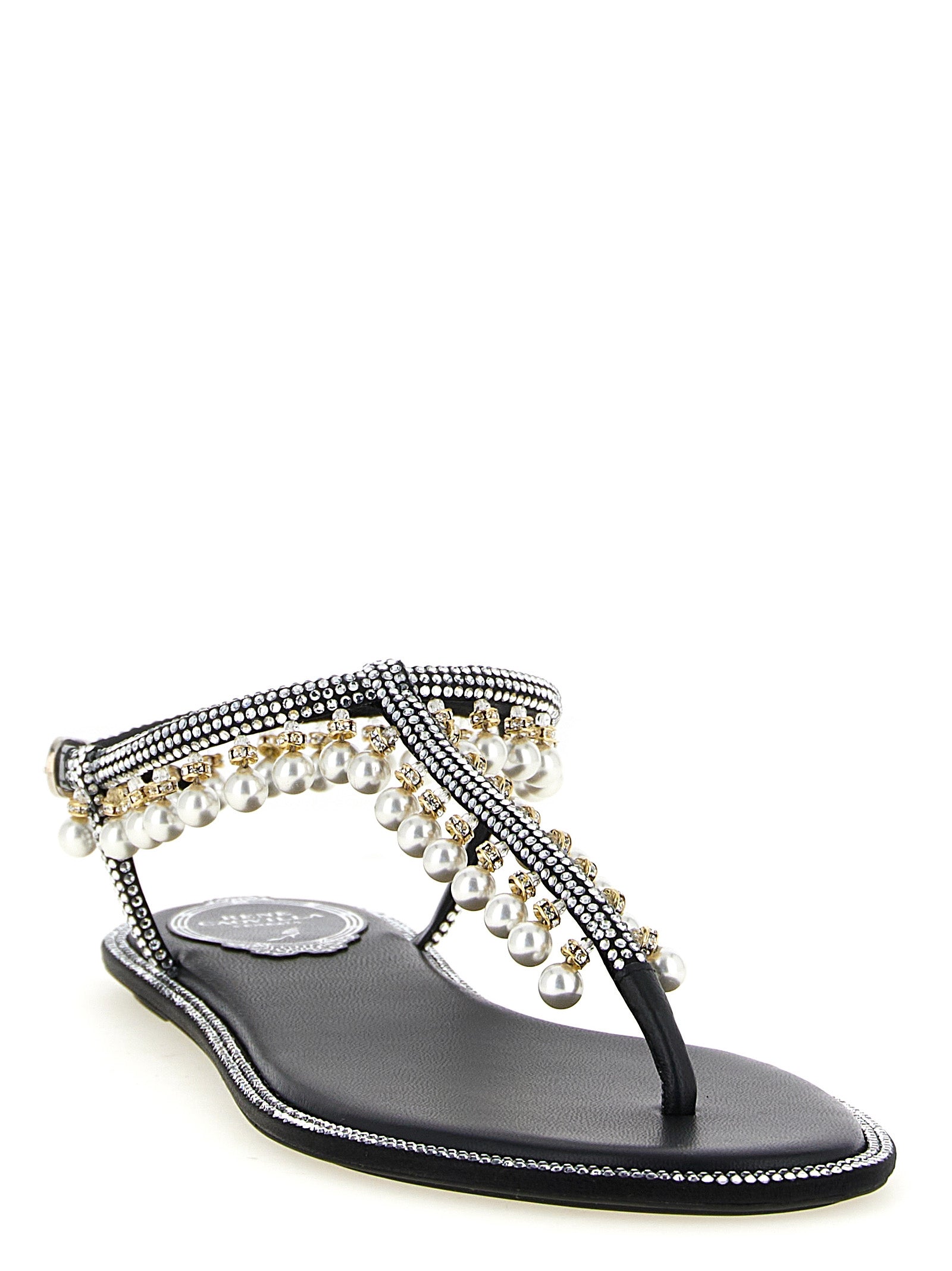 Flat Sandals by RENE CAOVILLA for women in viscose silk leather & crystal bicolour, black & white features an architectural design from the Women's Viscose Silk Leather & Crystal Flat Sandals collection, defined by a architectural flat and for a architectural finish.