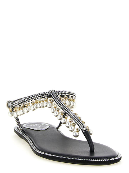 Flat Sandals by RENE CAOVILLA for women in viscose silk leather & crystal bicolour, black & white features an architectural design from the Women's Viscose Silk Leather & Crystal Flat Sandals collection, defined by a architectural flat and for a architectural finish.