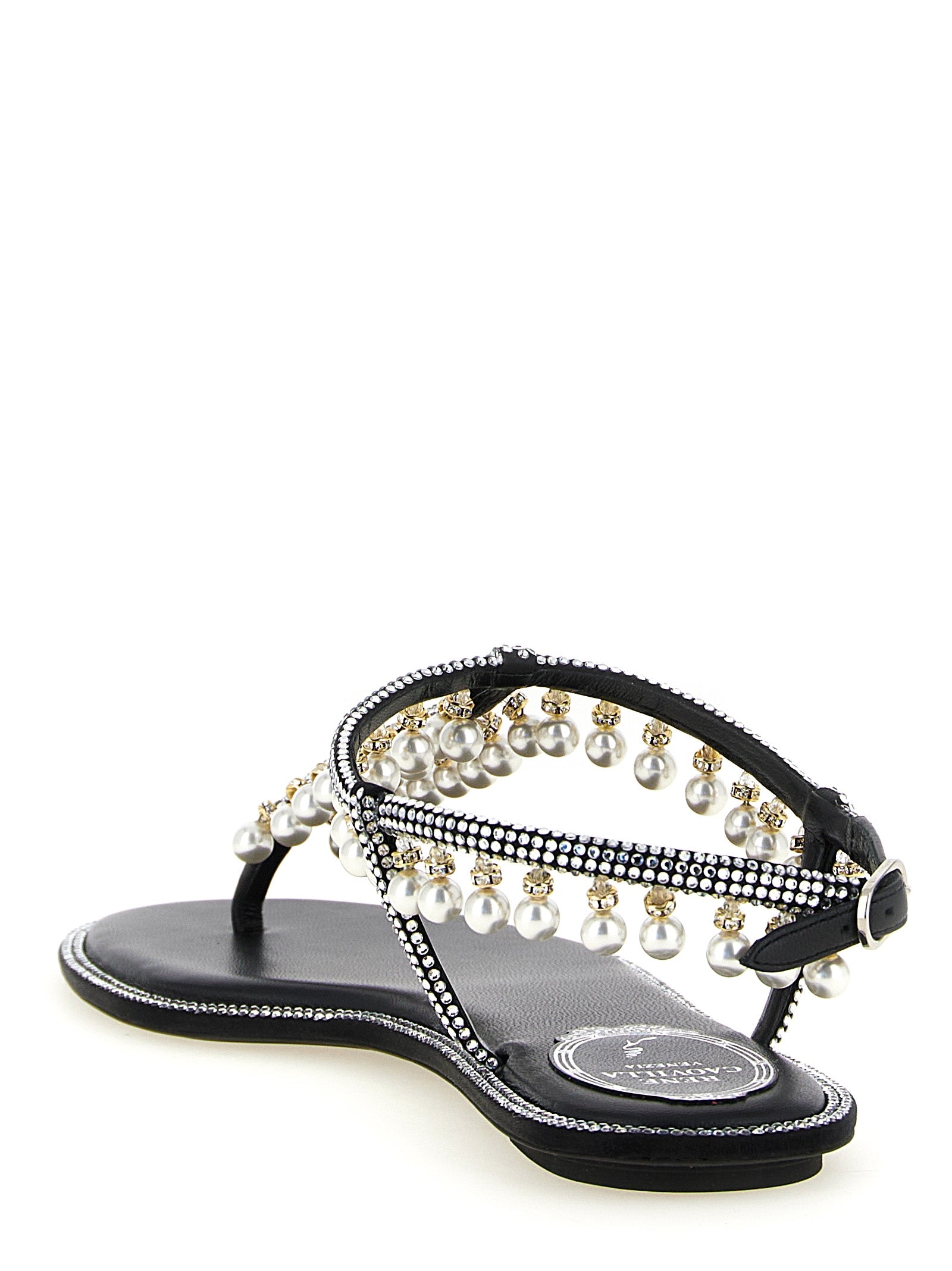 Flat Sandals by RENE CAOVILLA for women in viscose silk leather & crystal bicolour, black & white features an effortlessly chic silhouette from the Women's Viscose Silk Leather & Crystal Flat Sandals collection, showcasing a effortlessly chic flat and elegant .