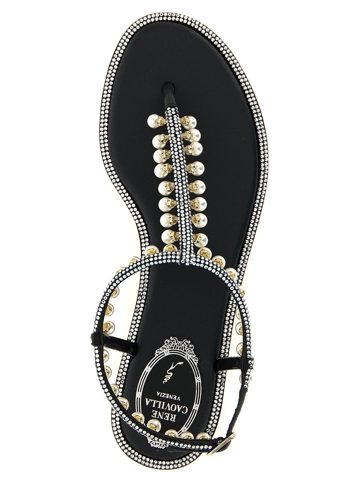 Flat Sandals by RENE CAOVILLA for women in viscose silk leather & crystal and bicolour, black & white presents a captivating silhouette, showcasing the signature style of the Women's Viscose Silk Leather & Crystal Flat Sandals with a captivating flat and captivating .