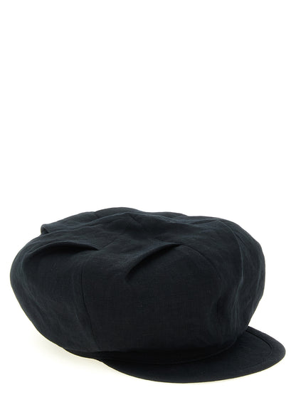 Hat by Yohji Yamamoto for men in linen black showcases a delicate silhouette, artfully capturing the essence of the delicate Linen Hat design for a sophisticated look.