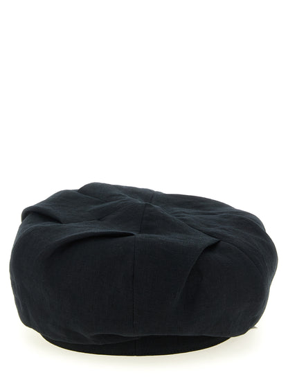 Hat by Yohji Yamamoto for men in linen black showcases a refined silhouette, artfully capturing the essence of the refined Linen Hat design for a sophisticated look.