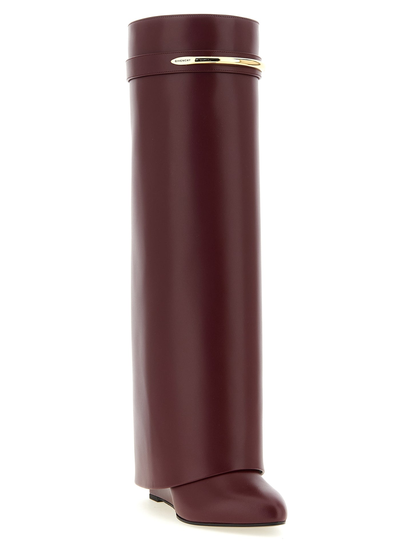 Wedge Over-The-Knee Boots by Givenchy for women in calfskin leather bordeaux features an dynamic silhouette, showcasing the dynamic Women's Calfskin Leather Wedge Over-The-Knee Boots design with its distinctive wedge and elegant pointed toe style.