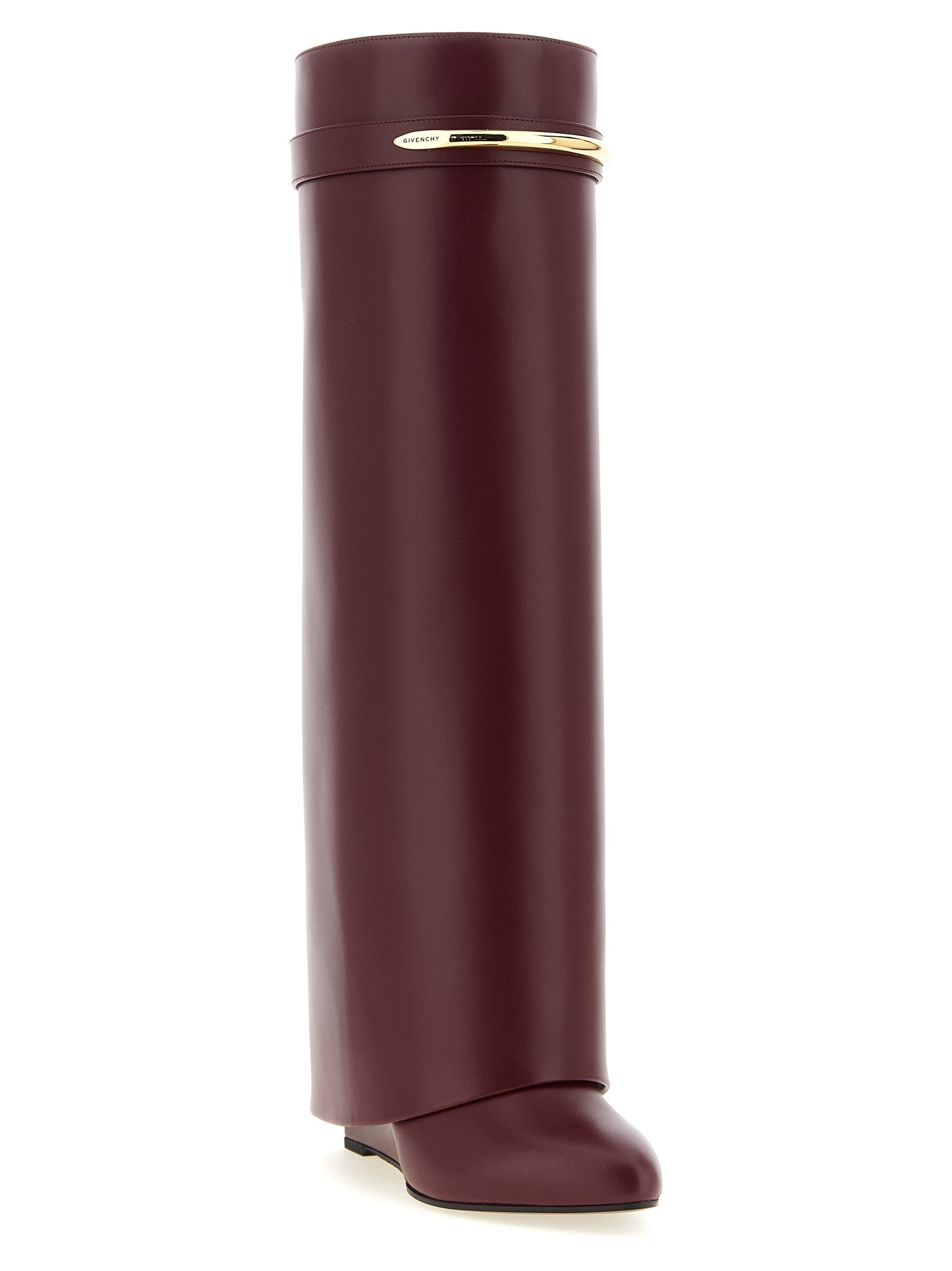 Wedge Over-The-Knee Boots by Givenchy for women in calfskin leather bordeaux features an dynamic silhouette, showcasing the dynamic Women's Calfskin Leather Wedge Over-The-Knee Boots design with its distinctive wedge and elegant pointed toe style.