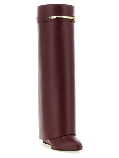 Wedge Over-The-Knee Boots by Givenchy for women in calfskin leather bordeaux features an dynamic silhouette, showcasing the dynamic Women's Calfskin Leather Wedge Over-The-Knee Boots design with its distinctive wedge and elegant pointed toe style.