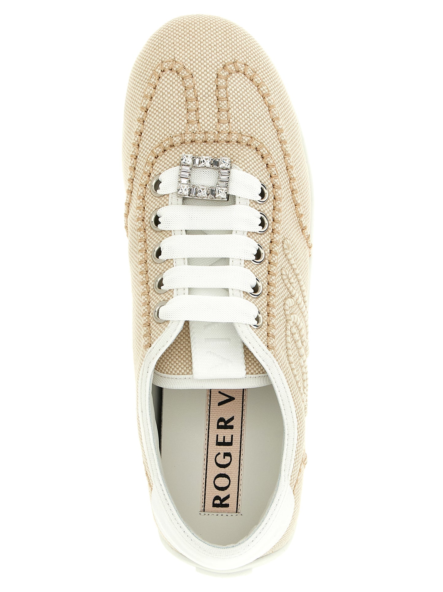 Sneakers by Roger Vivier for women in polyamide leather beige presents a sumptuous silhouette, artfully capturing the essence of the Viv Women's Low Top Polyamide Leather Sneakers with its sumptuous low-top style design.