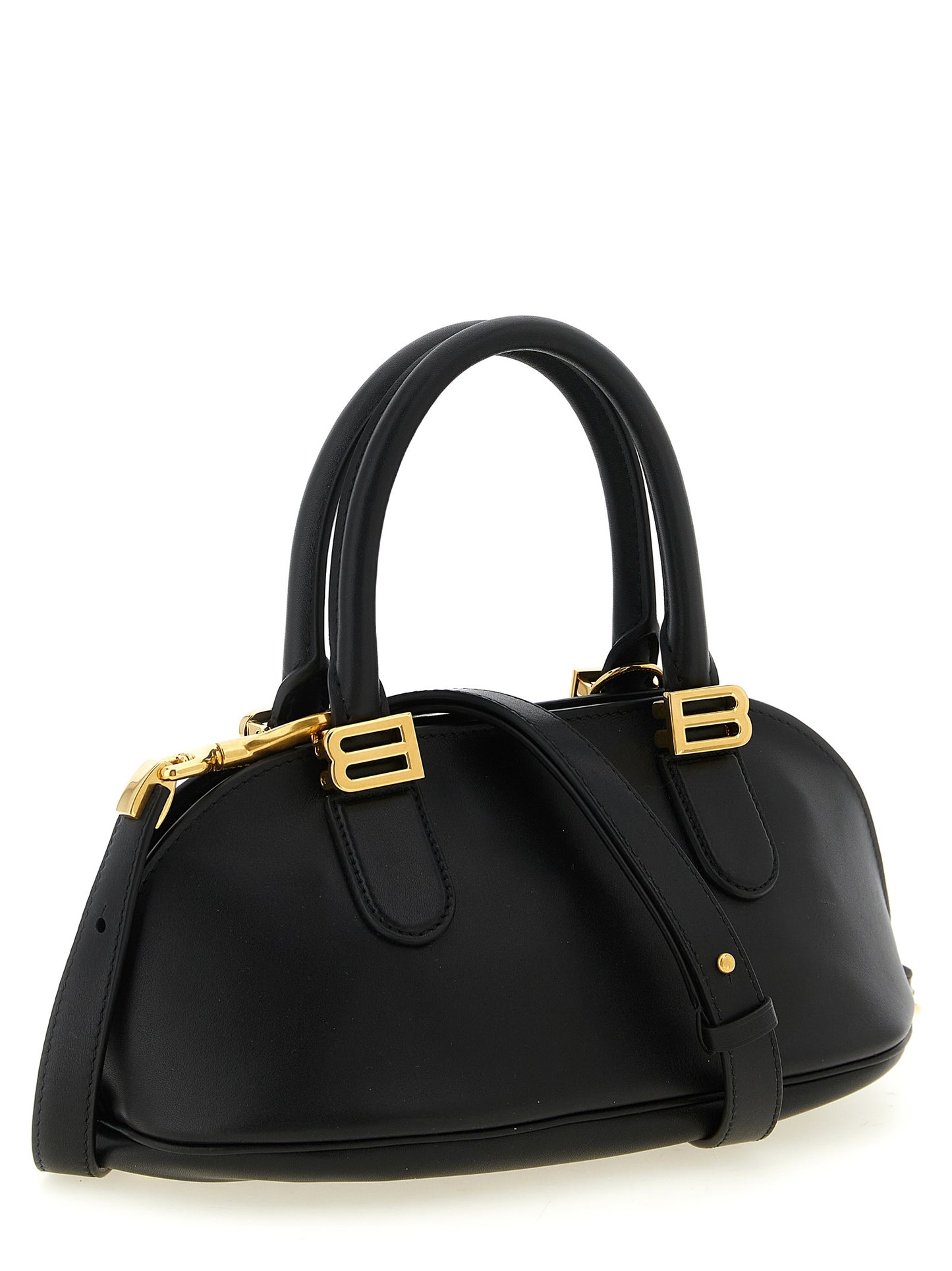 Mini Bowling Handbag by Balenciaga for women in calfskin leather black features a signature silhouette, showcasing a secure zipper and signature with versatile shoulder-strap & adjustable-strap for a sophisticated look.