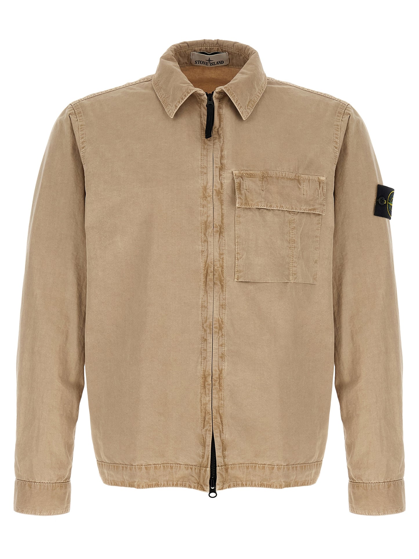 Overshirt by Stone Island for men in cotton canvas beige & signature, featuring a nuanced and nuanced for a sophisticated finish.