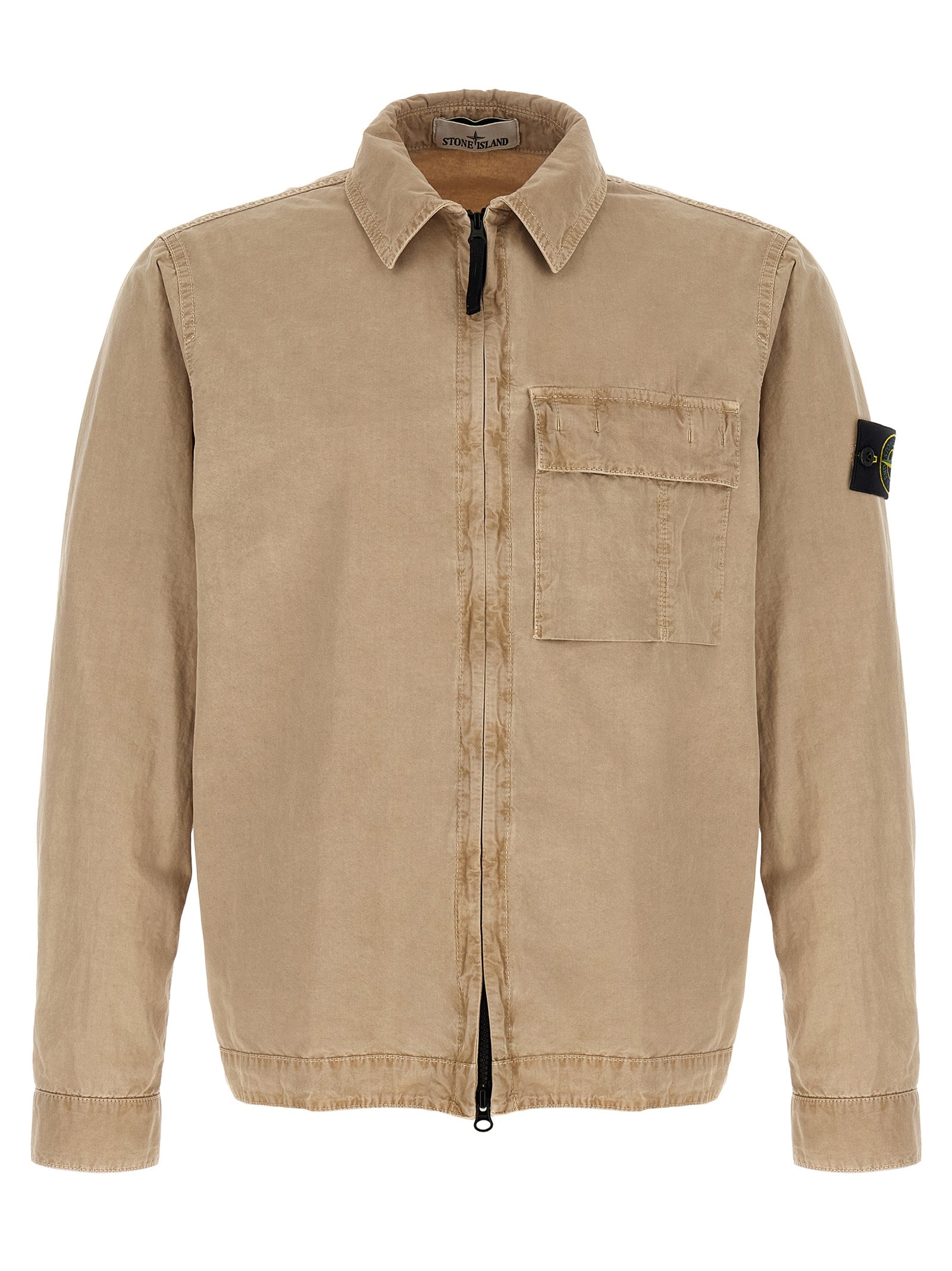 Overshirt by Stone Island for men in cotton canvas beige & signature, featuring a nuanced and nuanced for a sophisticated finish.