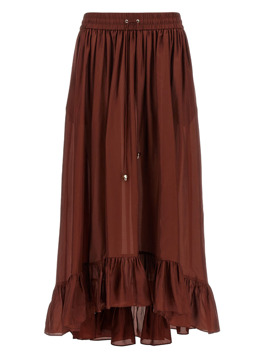 Skirt by Zimmermann for women in silk bordeaux showcases a dramatic silhouette, artfully capturing the essence of the Women's Silk Mini Skirt in a dramatic mini cut for a refined look.