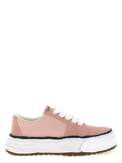 Sneakers by Maison Mihara Yasuhiro for men in suede cowhide leather & canvas multicolor & pink presents a on trend silhouette from the Men's Fashion Suede Cowhide Leather & Canvas Sneakers collection, showcasing a on trend fashion style for an elevated aesthetic.