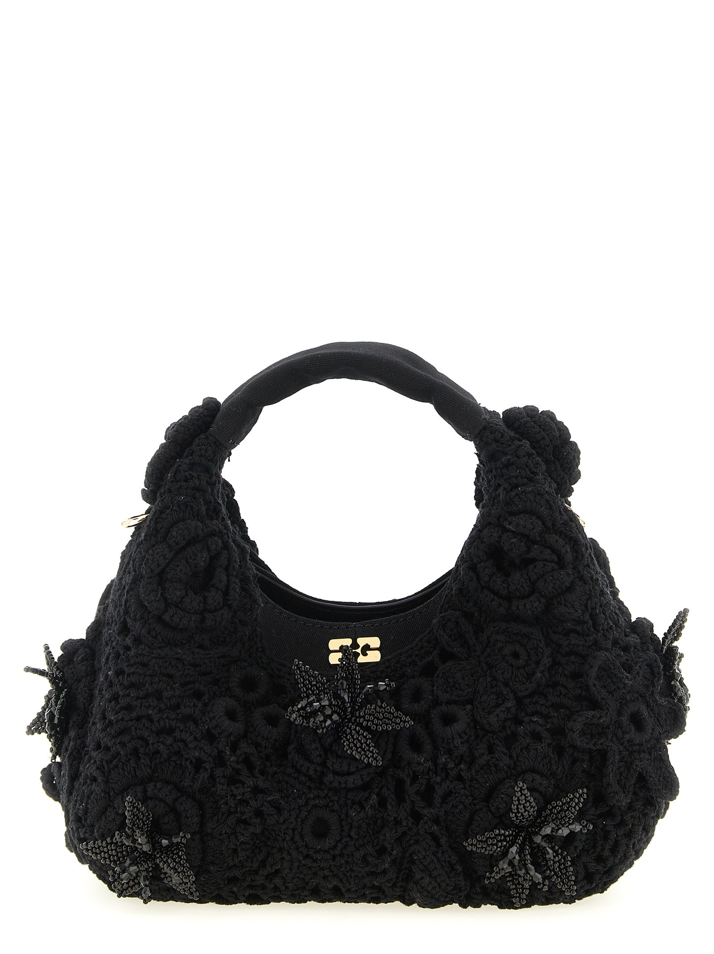 Mini Hobo Handbag by Ganni for women in organic cotton & leather black & floral features a refined silhouette, showcasing a secure magnetic, organized , and versatile shoulder-strap & adjustable-strap for a refined finish.
