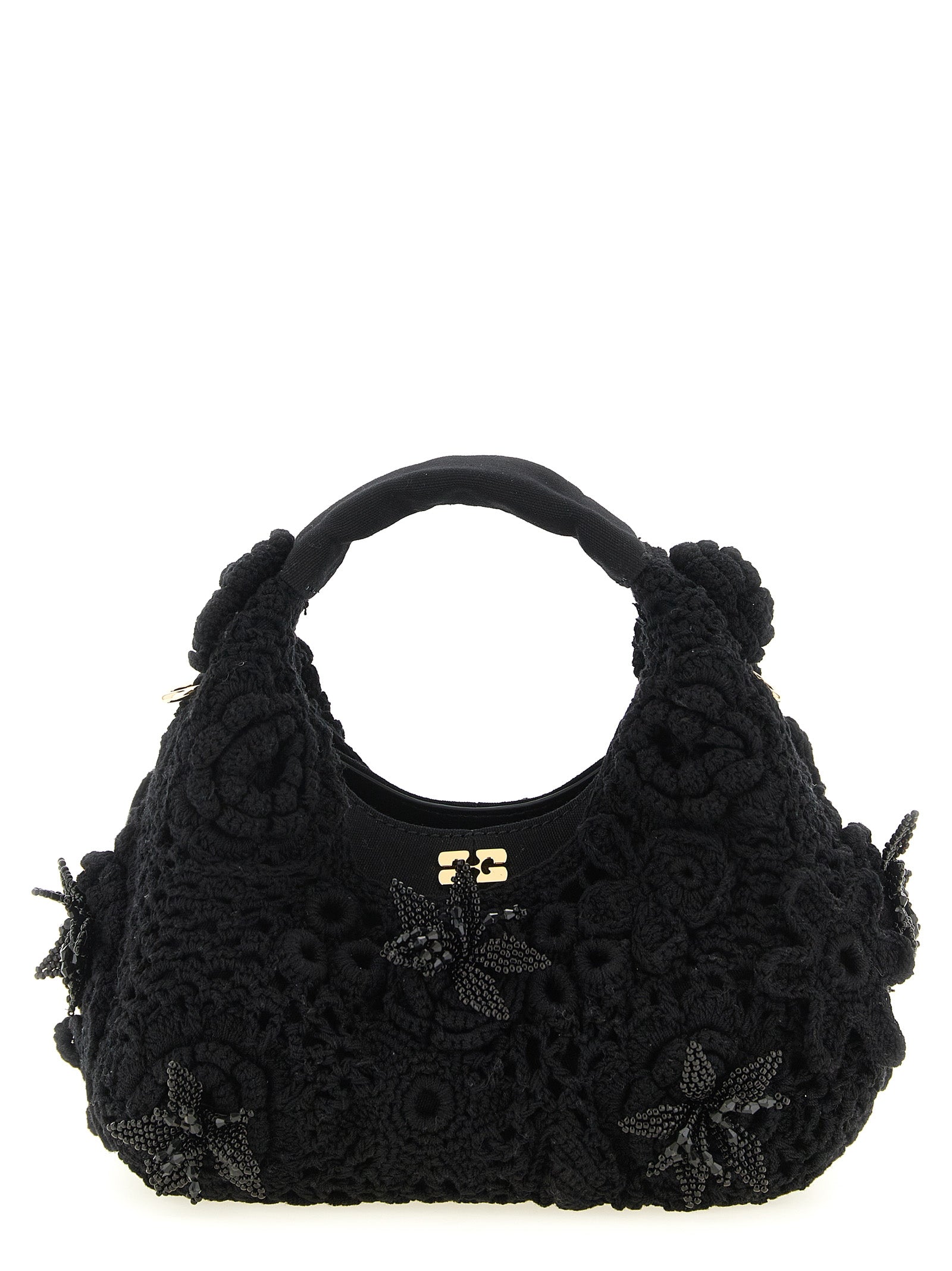 Mini Hobo Handbag by Ganni for women in organic cotton & leather black & floral features a refined silhouette, showcasing a secure magnetic, organized , and versatile shoulder-strap & adjustable-strap for a refined finish.