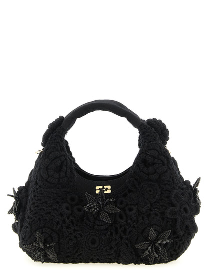 Mini Hobo Handbag by Ganni for women in organic cotton & leather black & floral features a refined silhouette, showcasing a secure magnetic, organized , and versatile shoulder-strap & adjustable-strap for a refined finish.