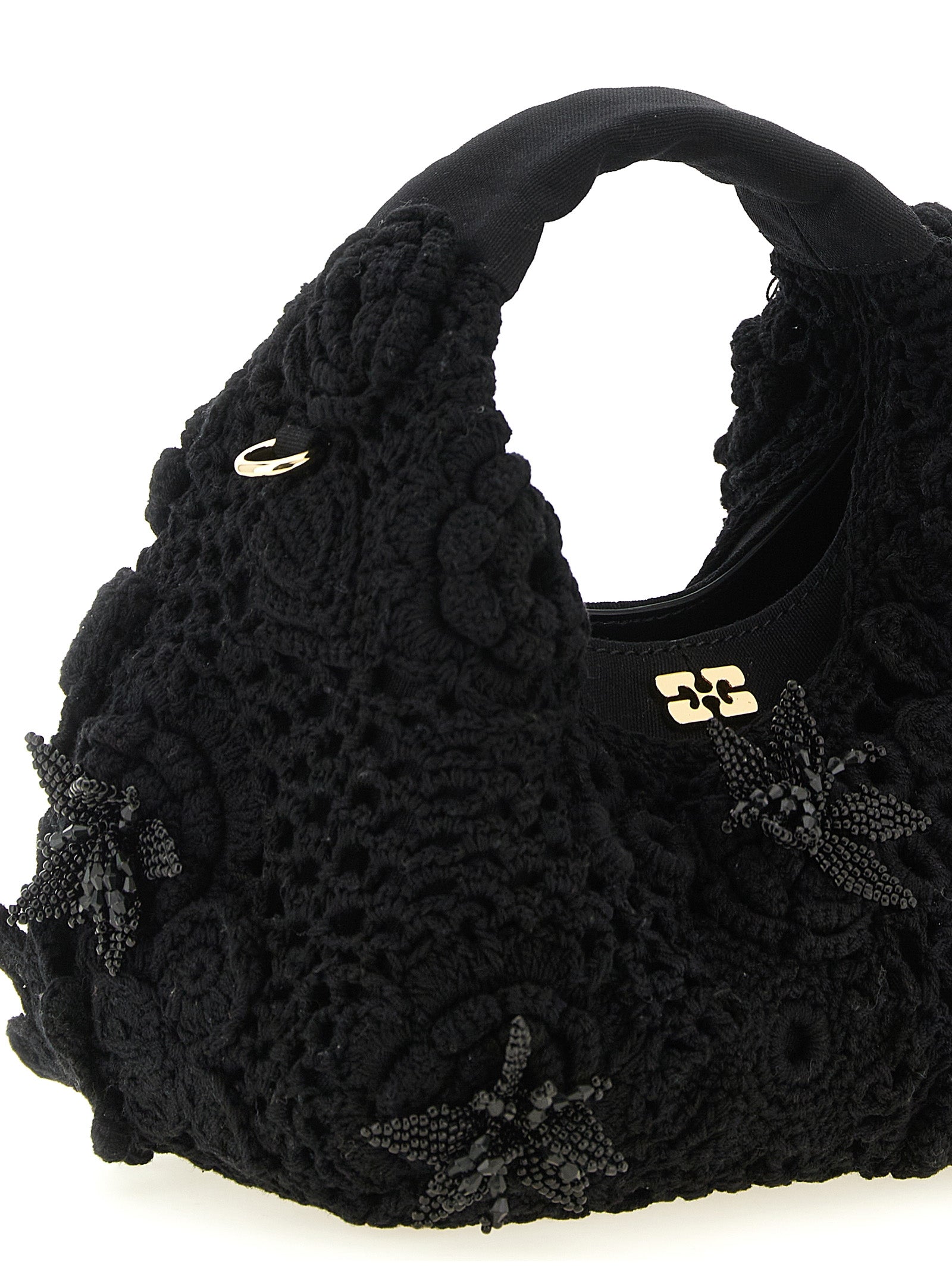 Mini Hobo Handbag by Ganni for women in organic cotton & leather black & floral features an refined silhouette, showcasing a secure magnetic, ample , and versatile shoulder-strap & adjustable-strap for a sophisticated refined aesthetic.