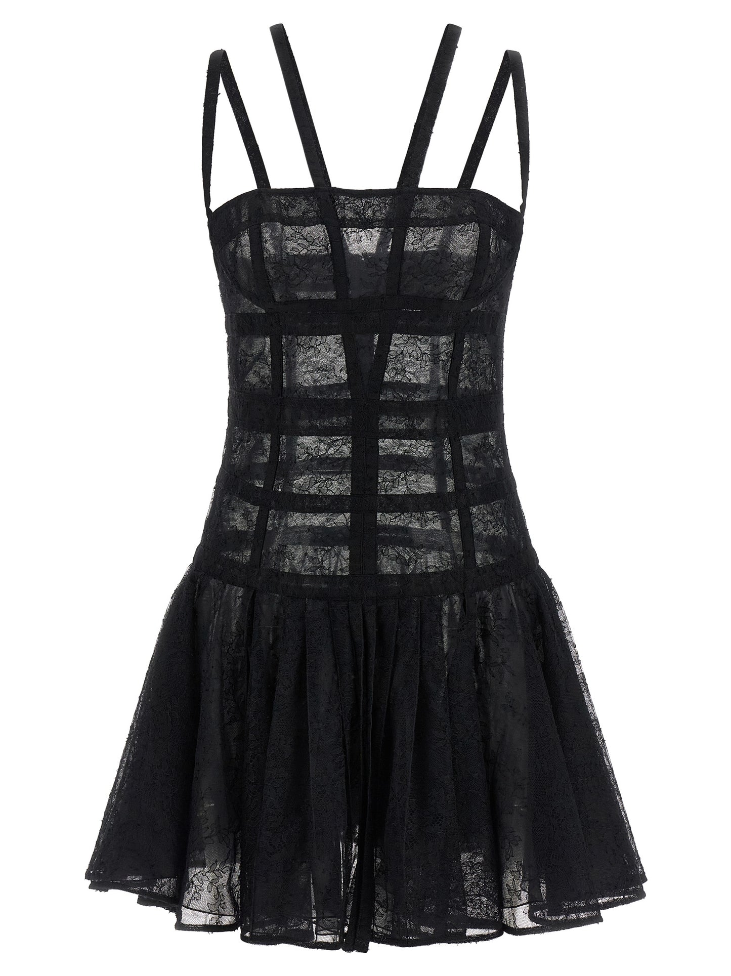 Dress by Giovanni Bedin for women in polyamide viscose black & transparent features a dramatic silhouette, showcasing an elegant and sleeveless that flows into a dramatic short mini.
