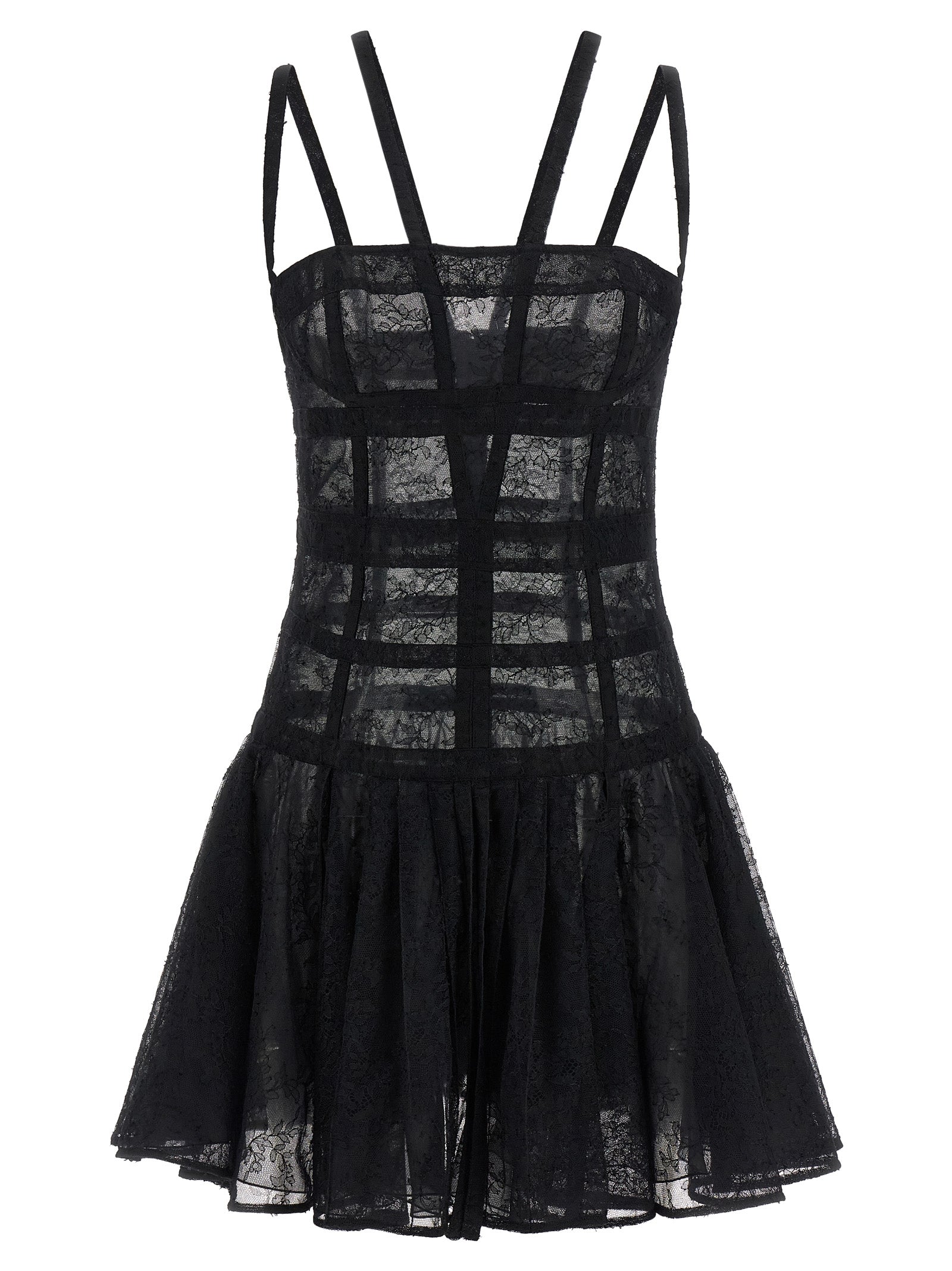 Dress by Giovanni Bedin for women in polyamide viscose black & transparent features a dramatic silhouette, showcasing an elegant and sleeveless that flows into a dramatic short mini.