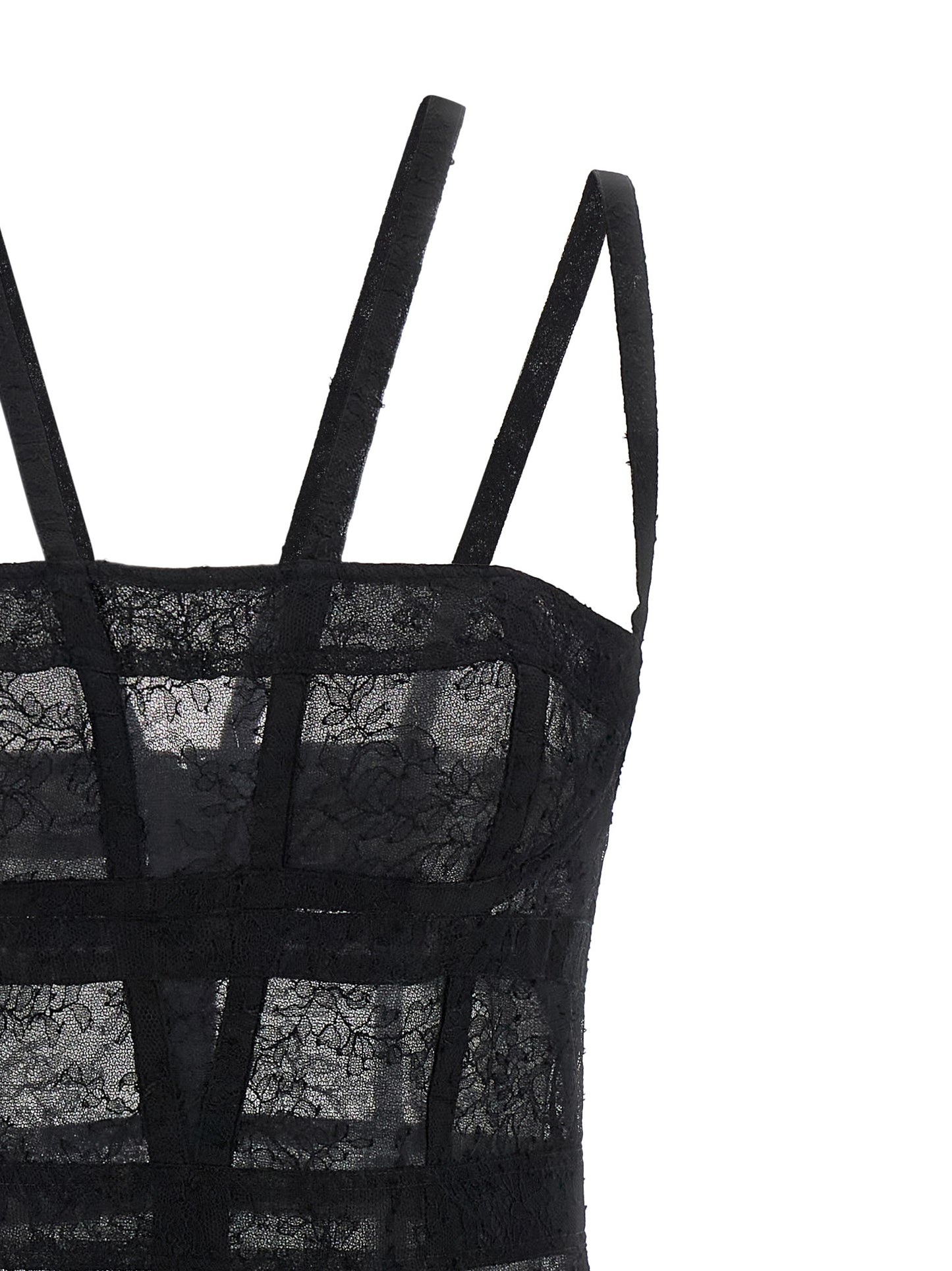 Dress by Giovanni Bedin for women in polyamide viscose black & transparent presents a sinuous silhouette, showcasing a sophisticated and detailed with a sinuous short mini for a refined finish.