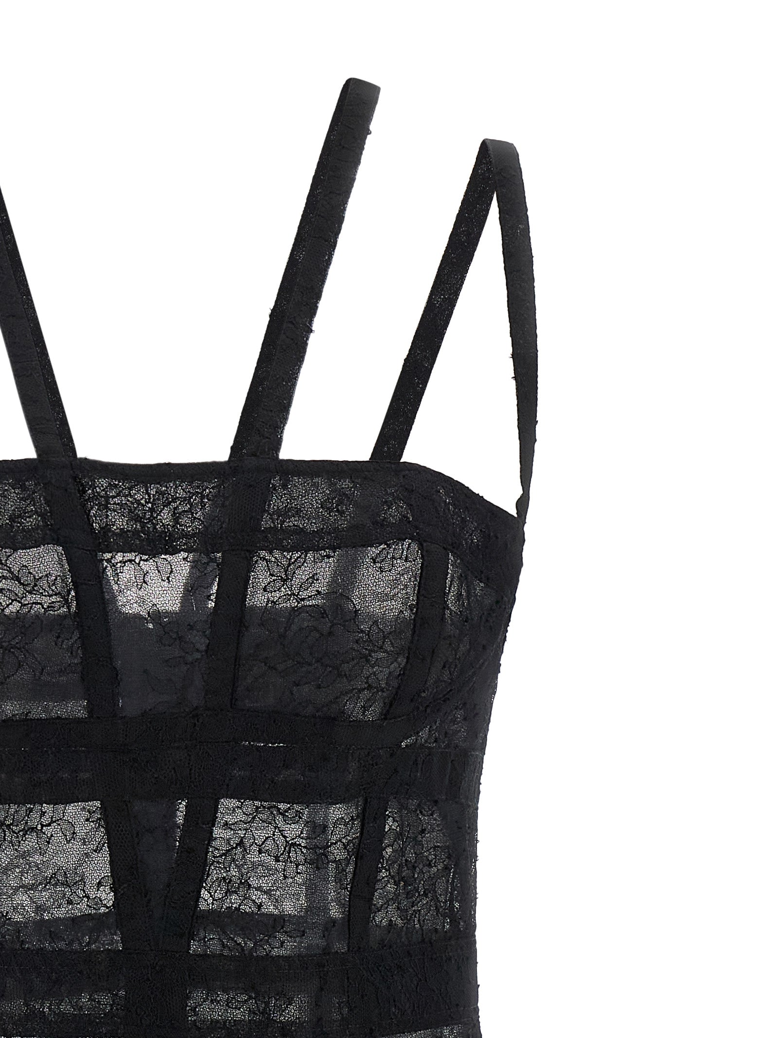 Dress by Giovanni Bedin for women in polyamide viscose black & transparent presents a sinuous silhouette, showcasing a sophisticated and detailed with a sinuous short mini for a refined finish.