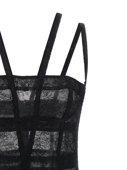 Dress by Giovanni Bedin for women in polyamide viscose black & transparent presents a sinuous silhouette, showcasing a sophisticated and detailed with a sinuous short mini for a refined finish.