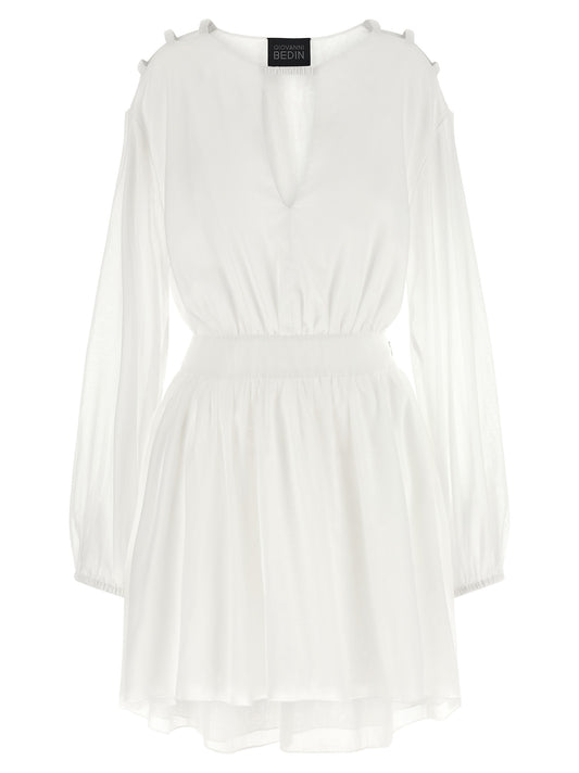 Giovanni Bedin Women's Flared One Shoulder Asymmetric Long-Sleeve Crew Neck Cotton Dress - White