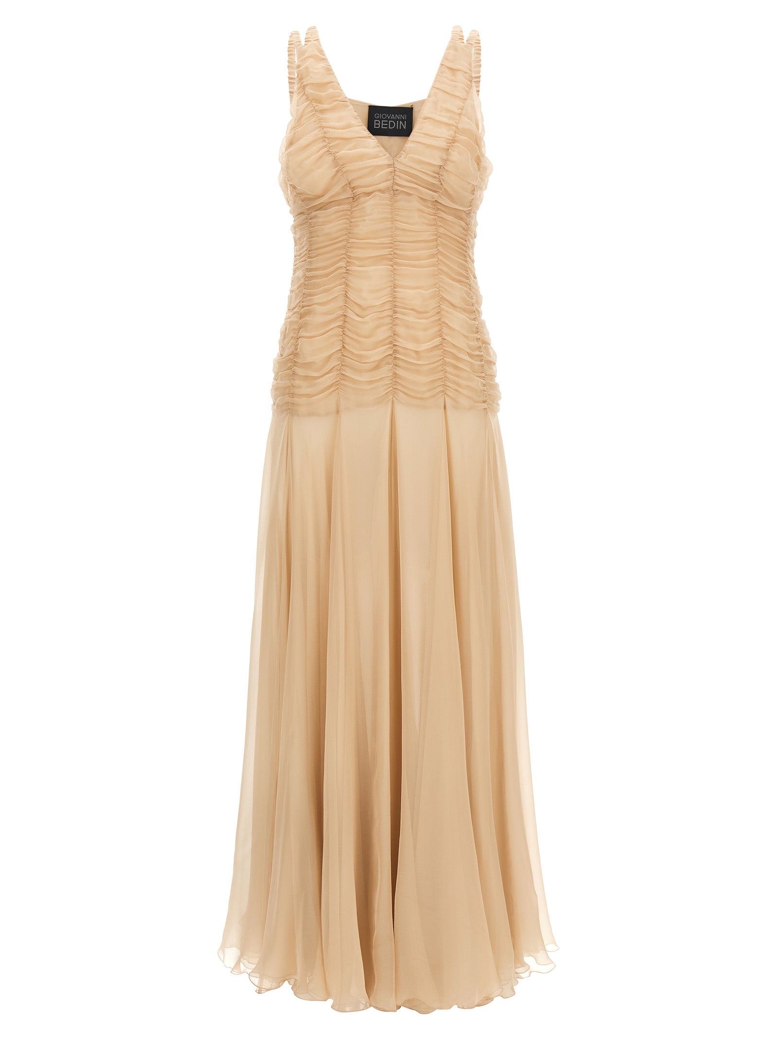 Dress by Giovanni Bedin for women in silk chiffon multicolor & pink features a dramatic silhouette, showcasing an elegant v-neck neckline and sleeveless that flows into a dramatic long.