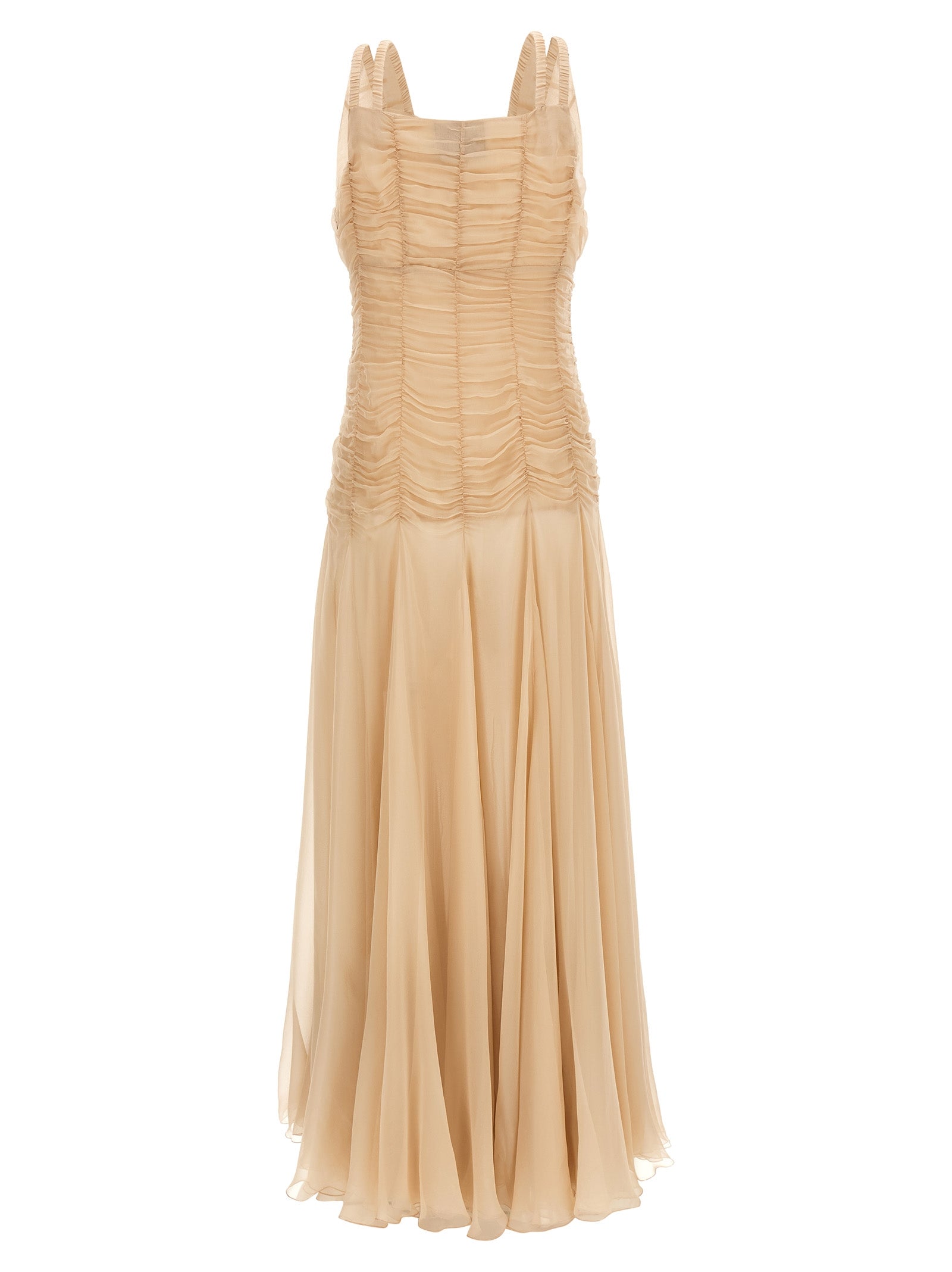 Dress by Giovanni Bedin for women in silk chiffon multicolor & pink features an eye catching silhouette with a sophisticated v-neck neckline, elegant , and a refined long for a eye catching aesthetic.