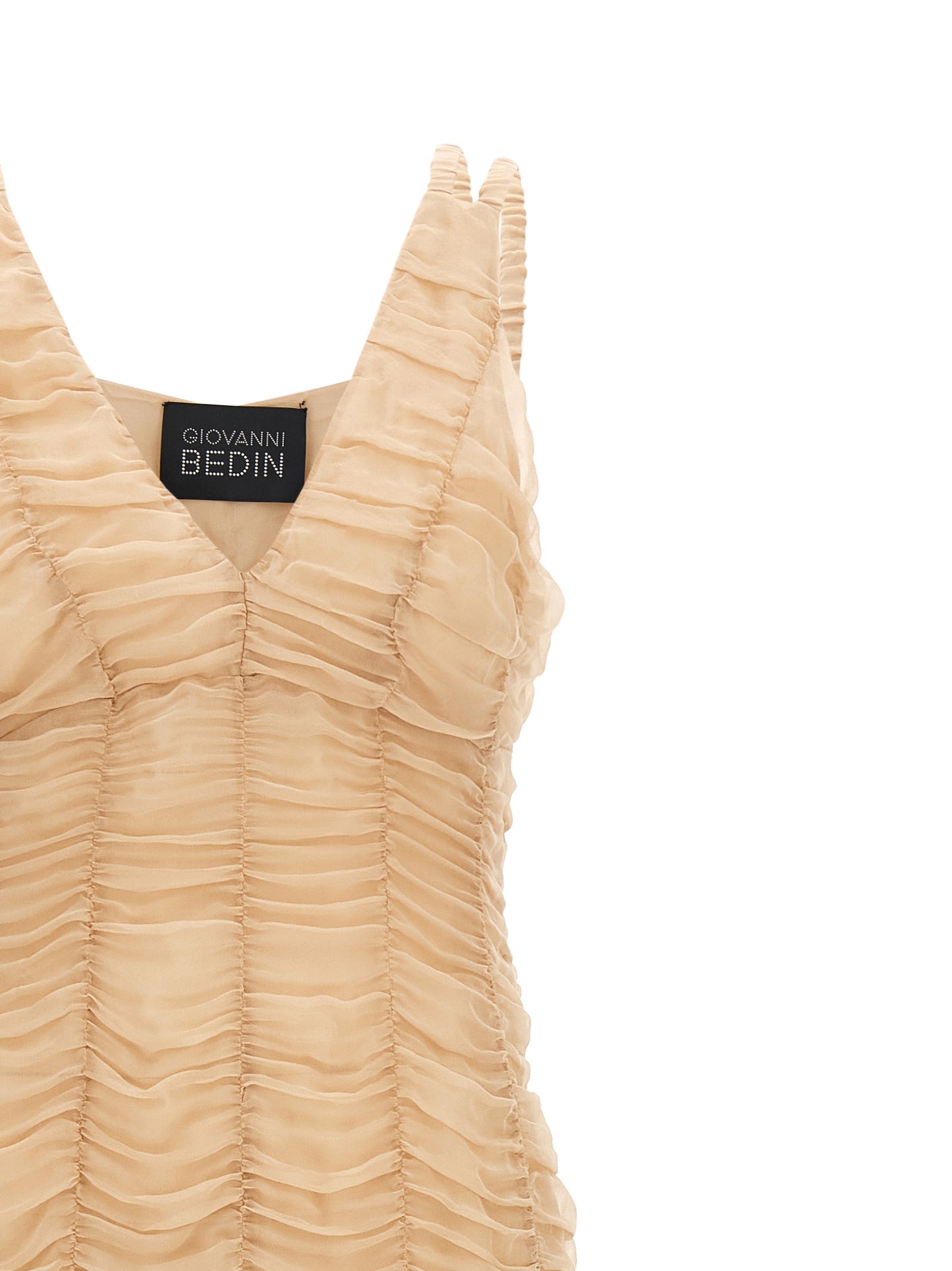 Dress by Giovanni Bedin for women in silk chiffon multicolor & pink features an cute silhouette, detailed with a and v-neck neckline that elegantly flows into a cute long.