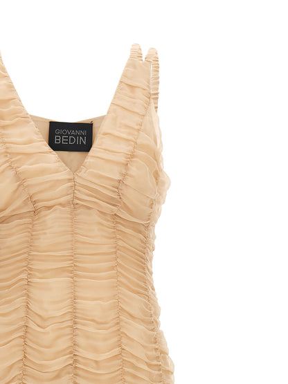 Dress by Giovanni Bedin for women in silk chiffon multicolor & pink features an cute silhouette, detailed with a and v-neck neckline that elegantly flows into a cute long.