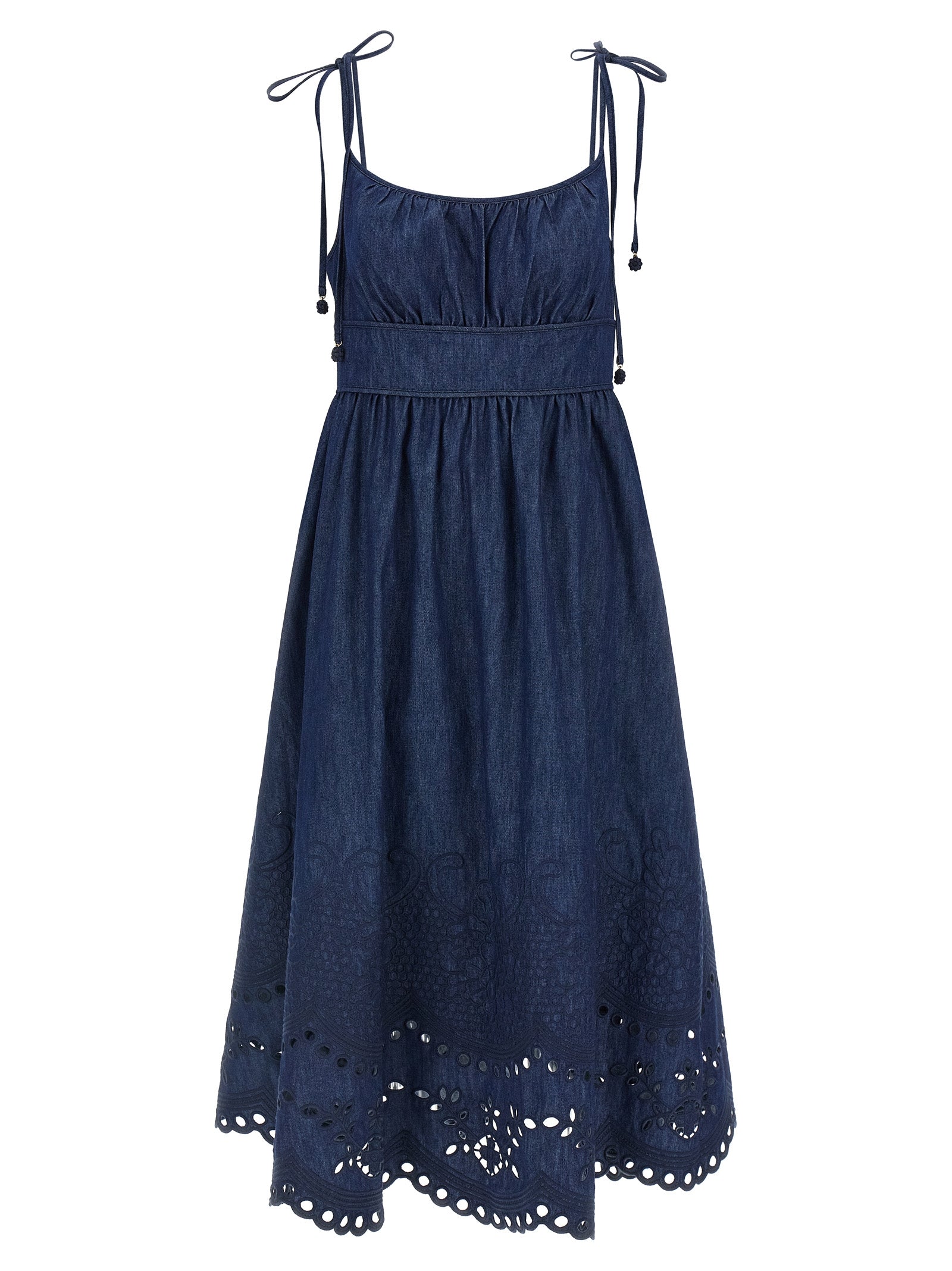 Dress by Zimmermann for women in denim cotton blue features an magnificent silhouette, artfully detailed with a magnificent round square neckline and that flows into an magnificent midi.