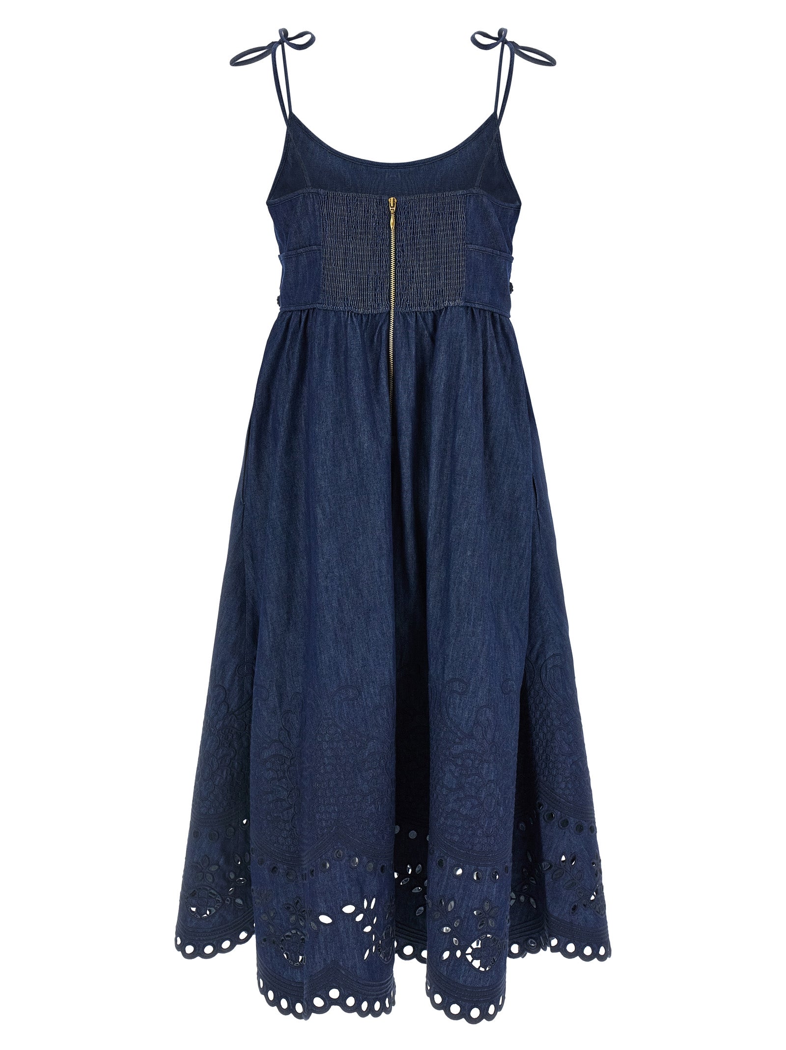 Dress by Zimmermann for women in denim cotton blue presents a sinuous silhouette, showcasing a sophisticated round square neckline and detailed with a sinuous midi for a refined finish.